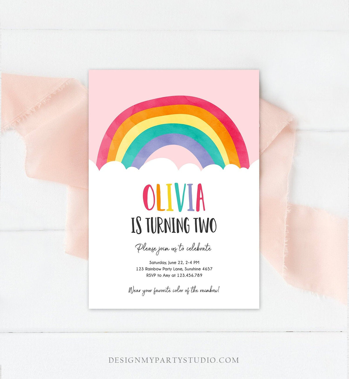 Editable Rainbow Birthday Invitation Boy Girl Neutral Clouds Pink Rainbow Fun Over the Rainbow Party Digital Corjl Template Printable 0272