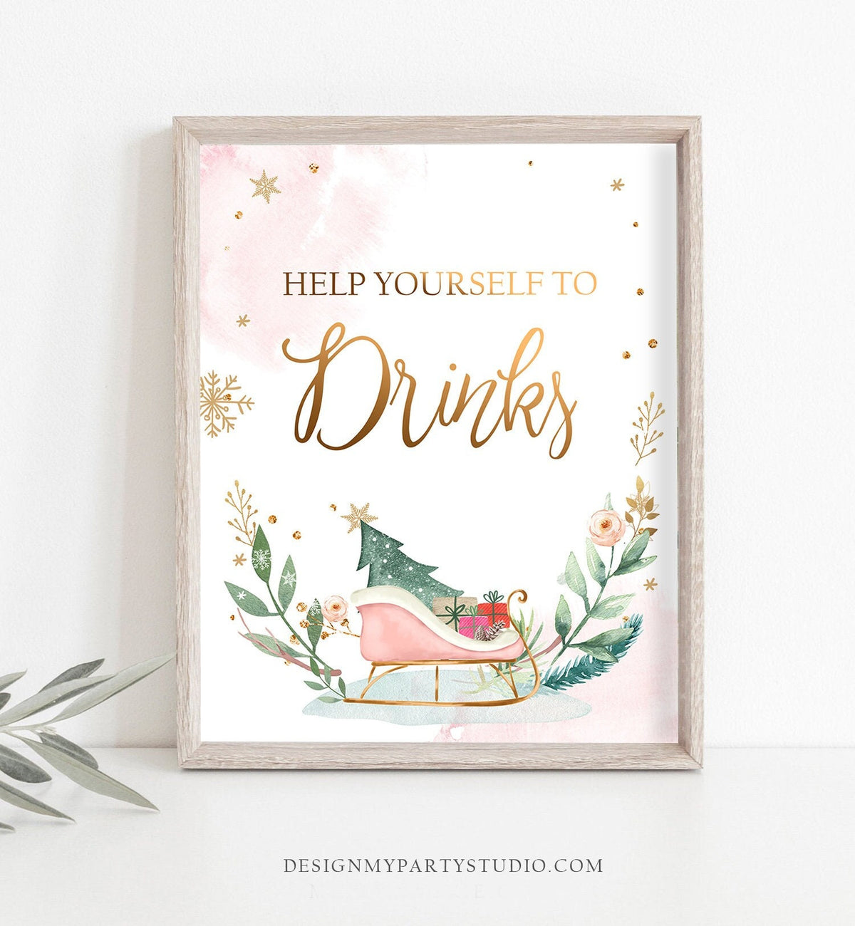 Drinks Sign Sleigh Winter Onederland Party Decor First Birthday Wonderland Girl Pink Gold Treat Drink Table Sign Digital Printable 0353