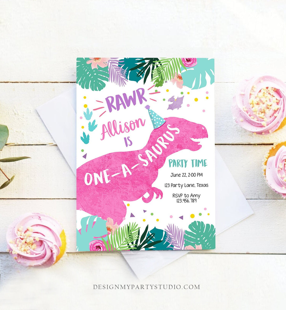 Editable One-A-Saurus Dinosaur Birthday Invitation Dino T-Rex First Birthday 1st Rawr Girl Pink Prehistoric Printable Corjl Template 0423