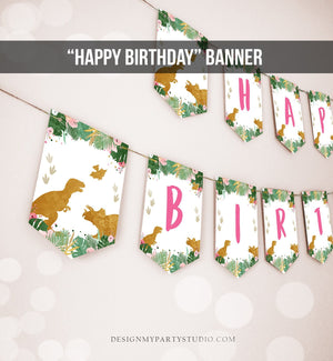 Happy Birthday Banner Girl Dinosaur Birthday Banner Pink Gold Dino Prehistoric Dinosaur Decor Instant download PRINTABLE DIGITAL DIY 0146