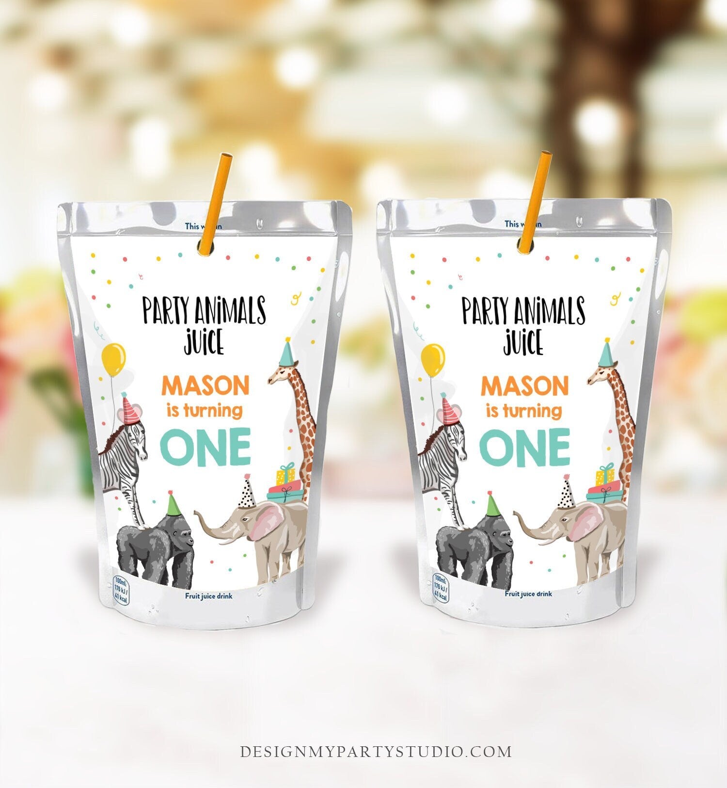 Editable Party Animals Juice Pouch Label Juice Favors Party Animals Birthday Boy Zoo Wild One Digital Download Template Printable 0142