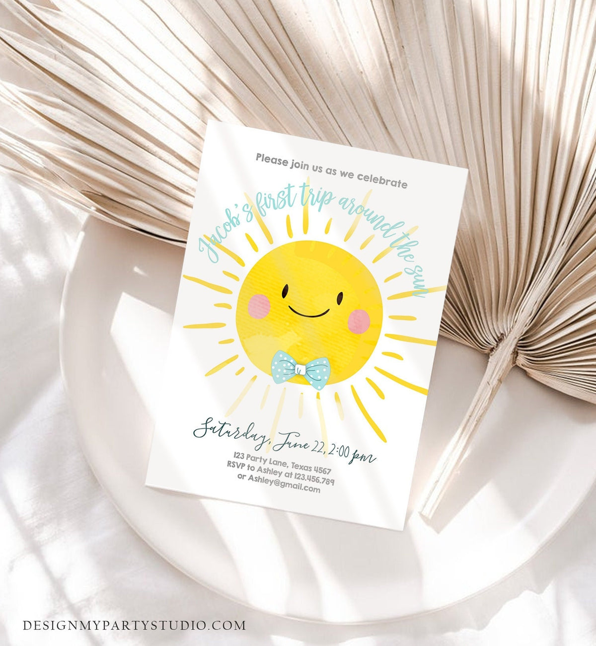 Editable First Tip Around the Sun Birthday Invitation Little Sunshine First Birthday 1st Party Boy Blue Summer Download Corjl Template 0141