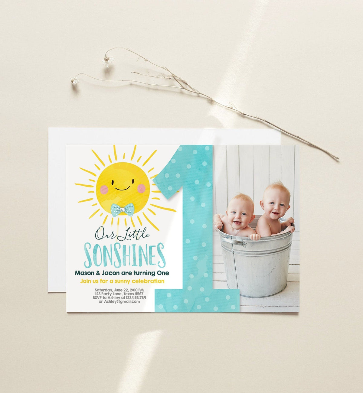 Editable Birthday Invitation Twins Little Sunshines Boys Siblings Brothers Twin Summer Download Invitation Template Corjl Printable 0141