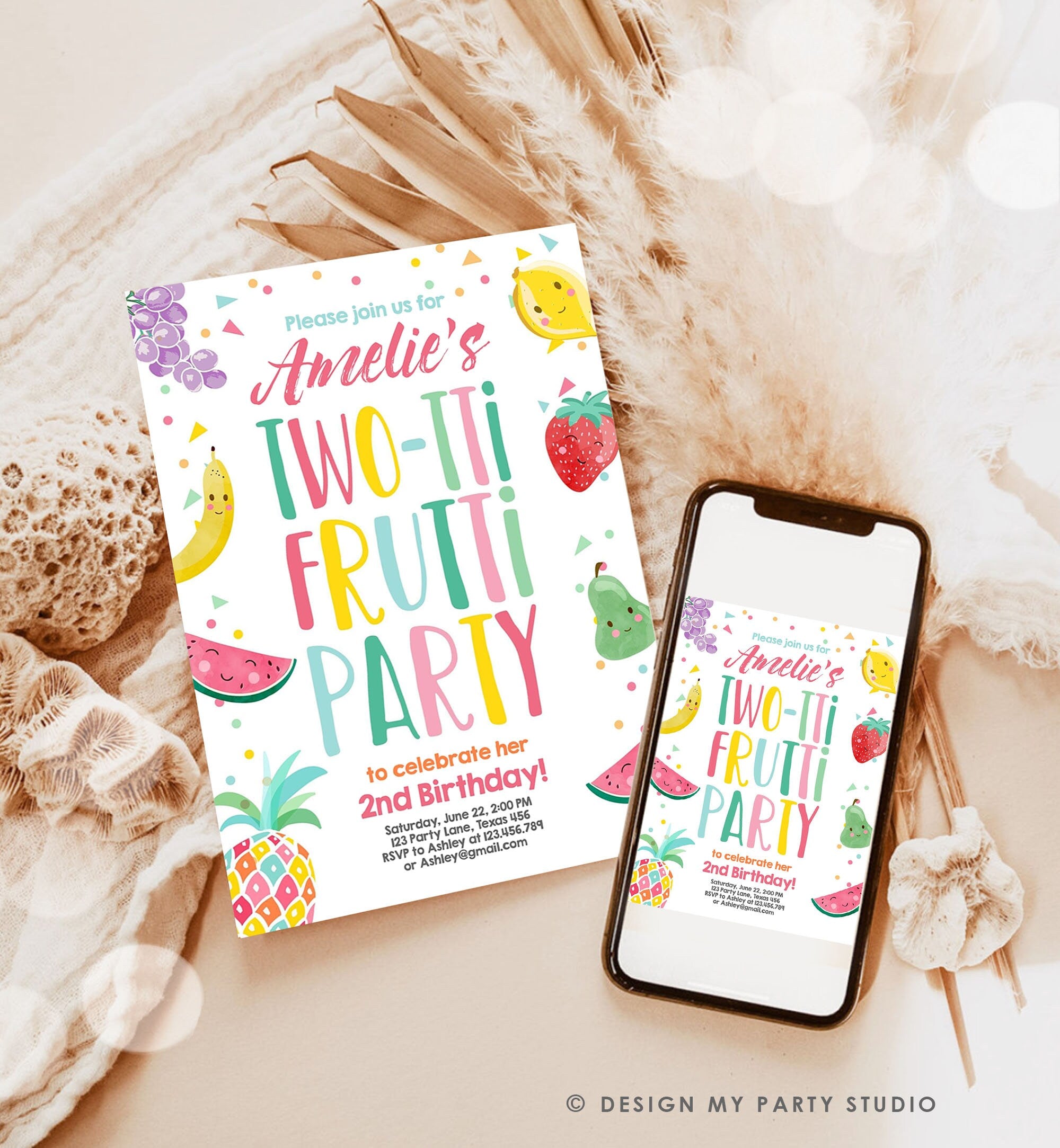 Editable Two-tti Frutti Birthday Invitation Two-tti Fruiti Fruit Second 2nd Birthday Tropical Summer Digital Corjl Template Printable 0139