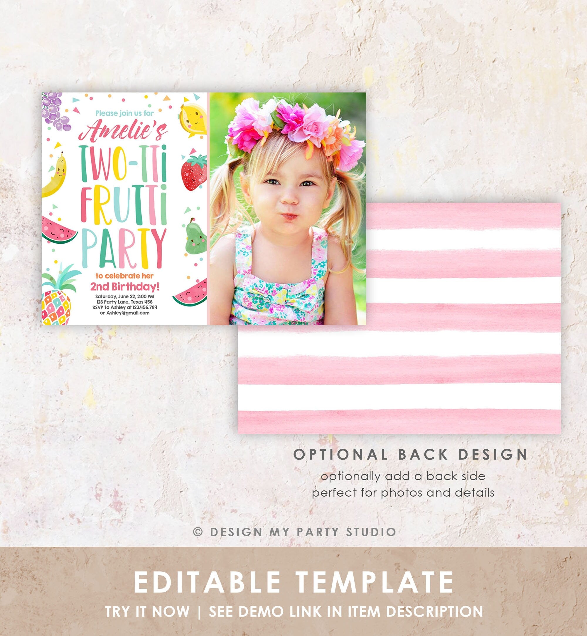 Editable Two-tti Frutti Birthday Invitation Two-tti Fruiti Fruit Second 2nd Birthday Tropical Summer Digital Corjl Template Printable 0139