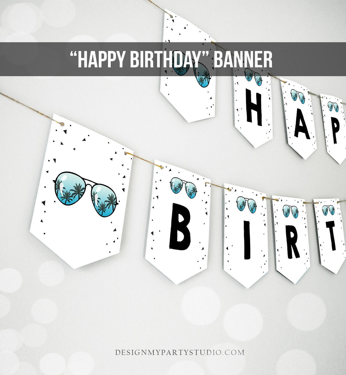 Happy Birthday Banner Two Cool Birthday Banner Boy Sunglasses 2nd Birthday Pool Party Summer Instant Download DIGITAL DIY PRINTABLE 0136