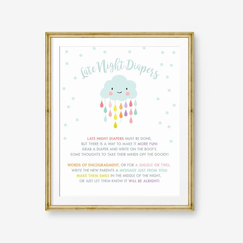 Late Night Diapers Baby Shower Sign Baby shower activity Rain Cloud shower game sign Raindrops Baby shower Cloud Baby Digital Printable 0036