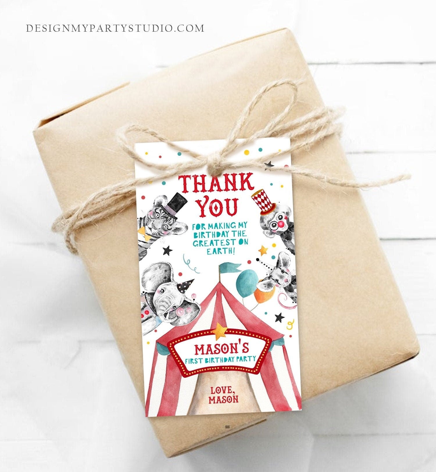 Editable Circus Thank You Tags Carnival Birthday Favor Tags Boy Vintage Circus Labels Big Top Party Download Printable Corjl Template 0355