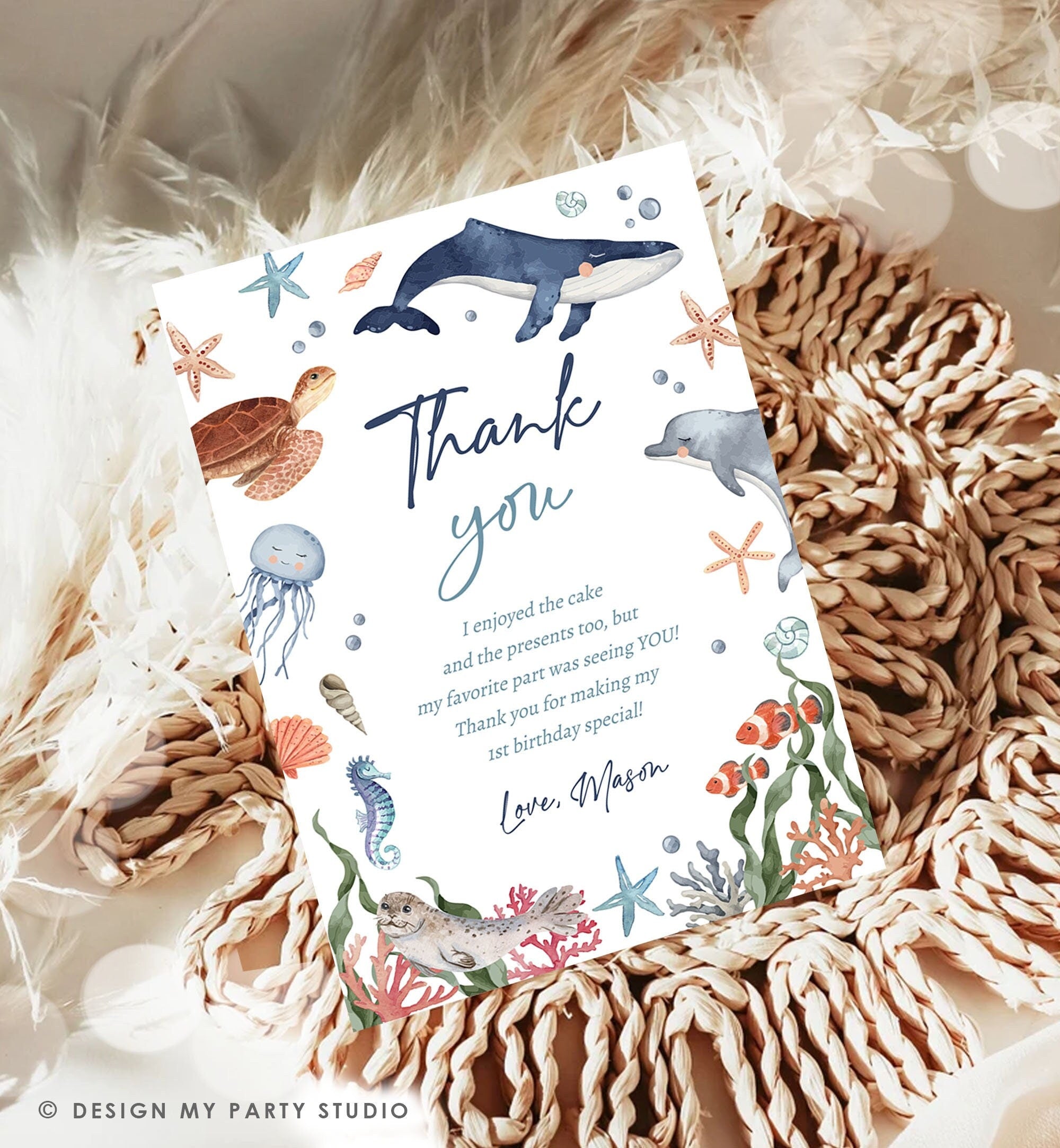 Editable Under the Sea Thank You Card Sea Ocean Animals Life Birthday Thank You Note Whale Turtle Dolphin Corjl Template Printable 0504