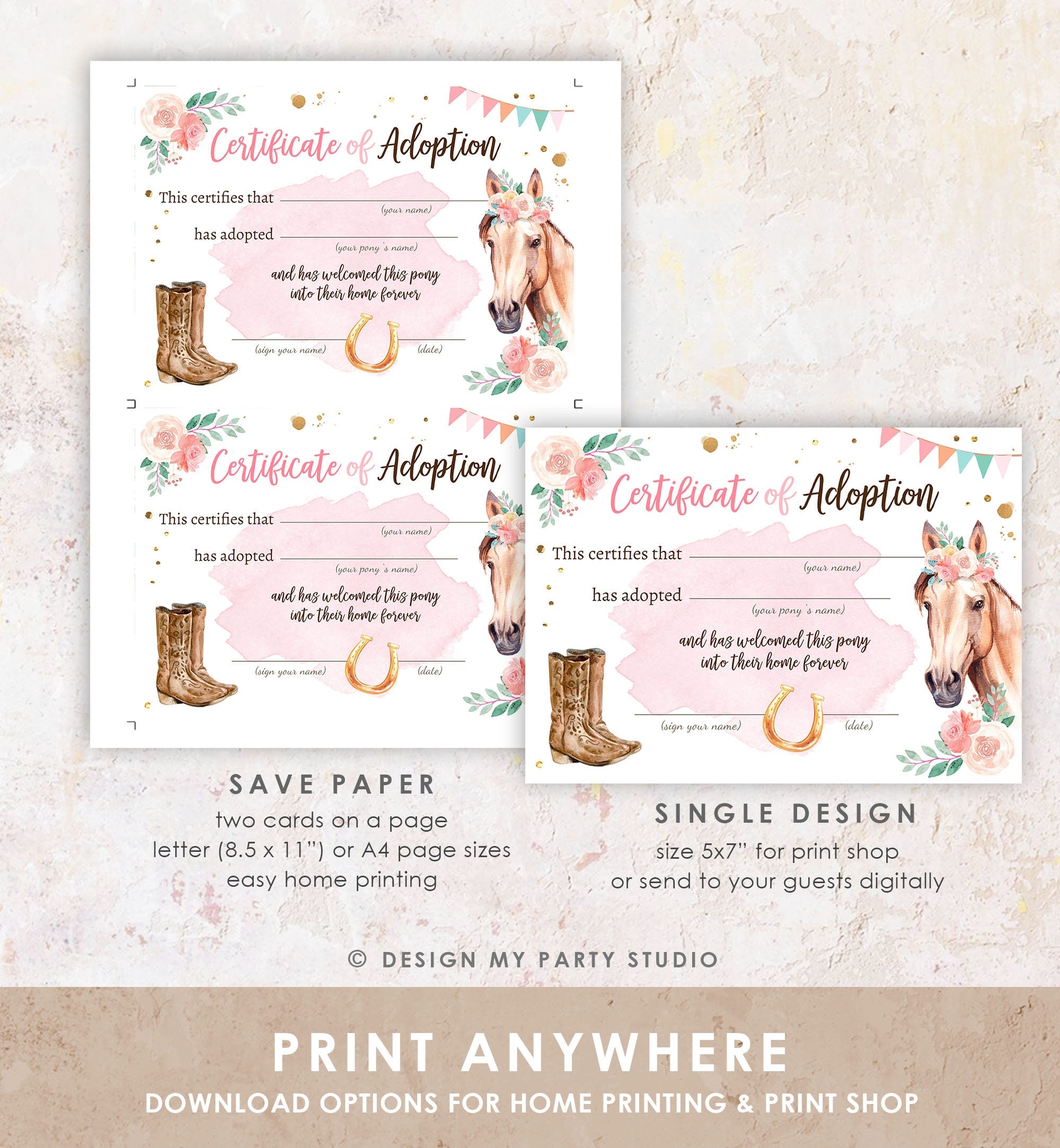 Adopt a Pony Adoption Certificate Horse Adoption Horse Birthday Party Pony Birthday Girl Horseback Riding Download Digital PRINTABLE 0398