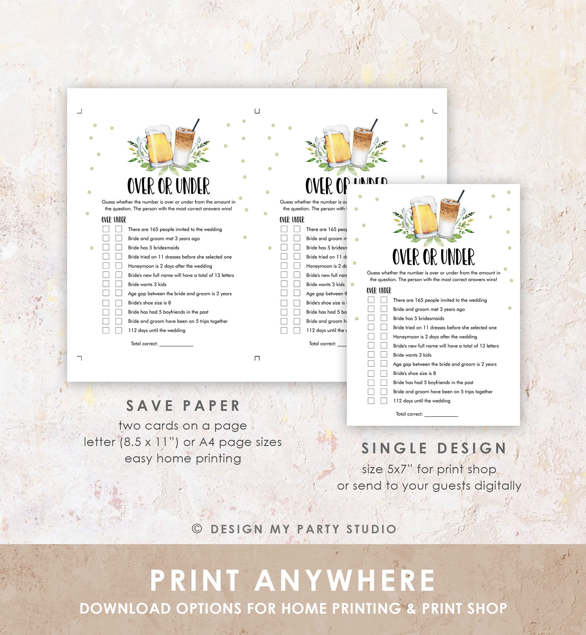 Editable Over or Under Bridal Shower Game Love is Brewing Cold Brew Beer Couples Shower Wedding Activity Corjl Template Printable 0190