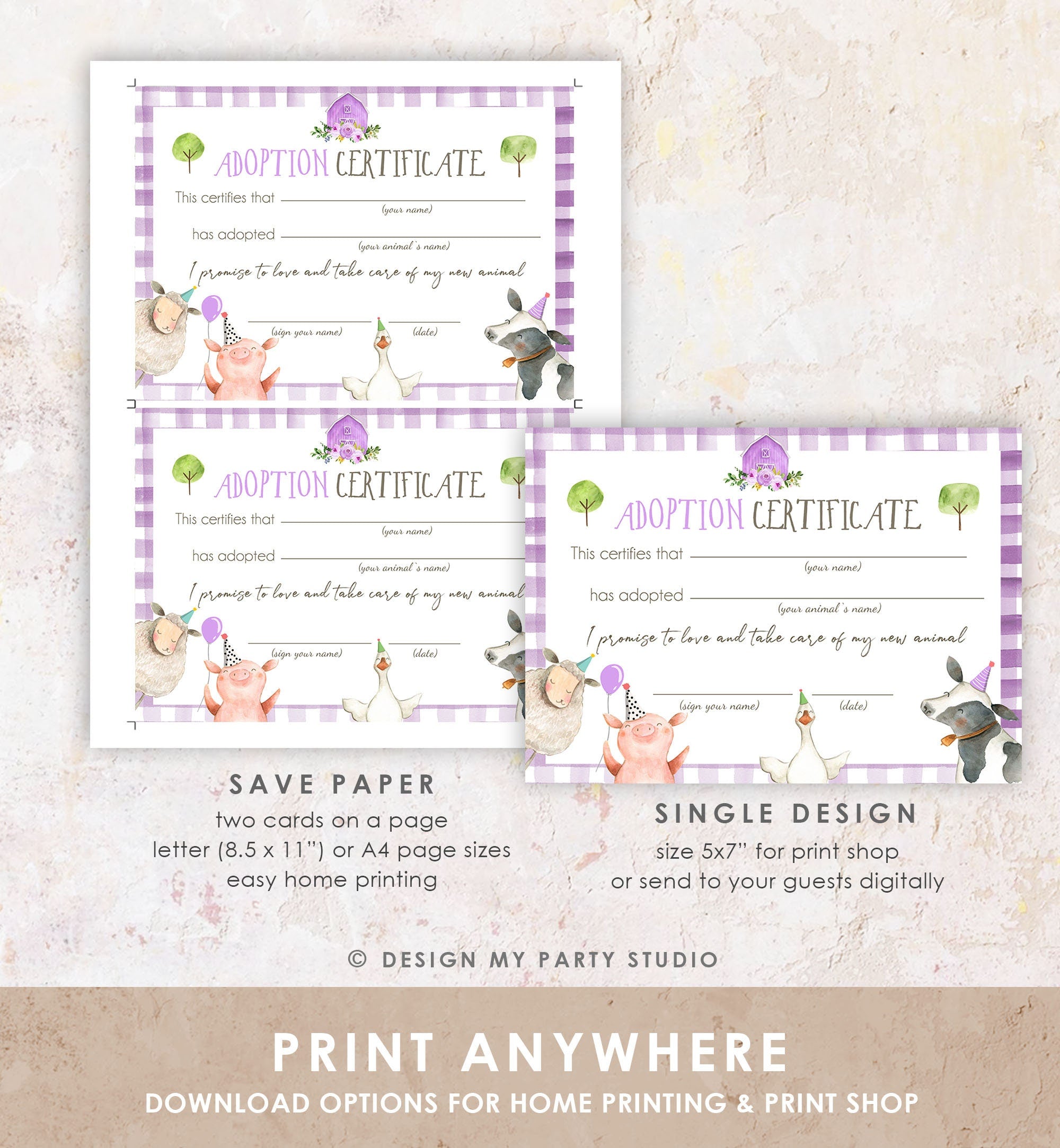 Adopt an Animal Adoption Certificate Farm Animals Adoption Purple Farm Birthday Party Barnyard Birthday Girl Download Digital PRINTABLE 0155