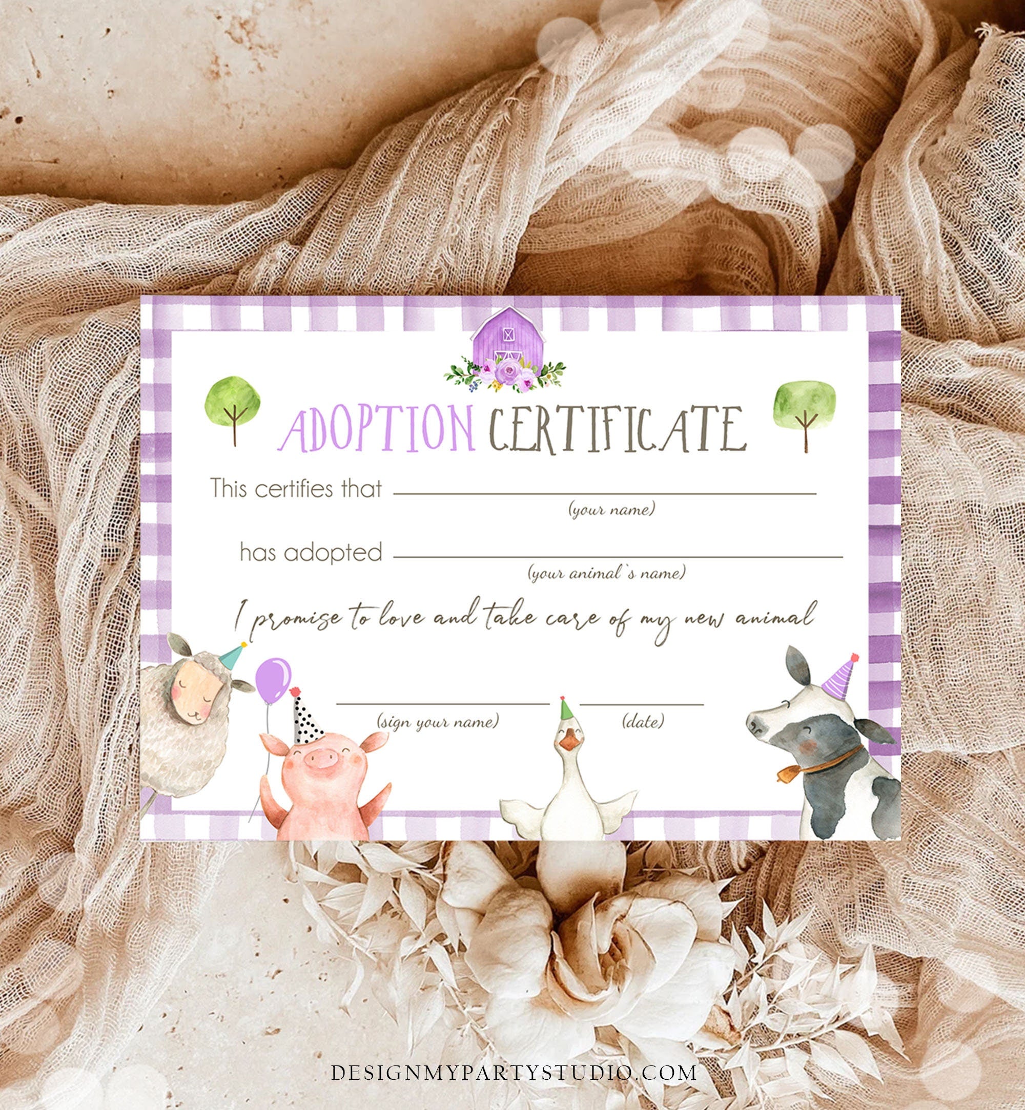 Adopt an Animal Adoption Certificate Farm Animals Adoption Purple Farm Birthday Party Barnyard Birthday Girl Download Digital PRINTABLE 0155