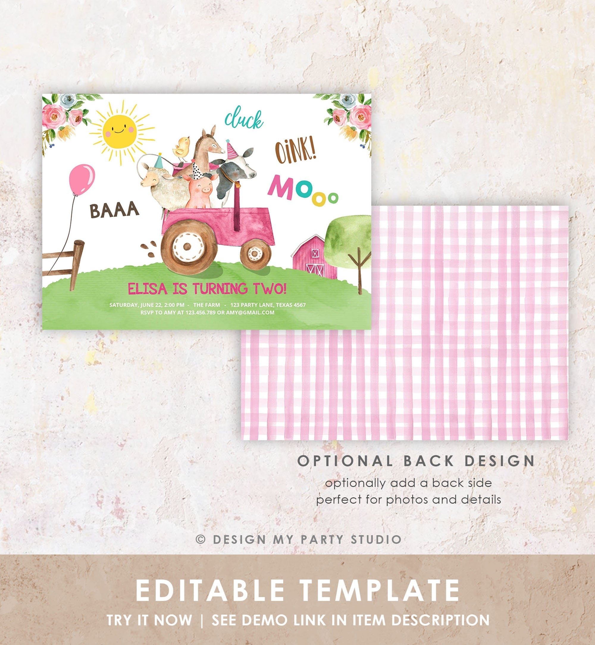 Editable Farm Birthday Invitation Girl Farm Animals Pink Tractor Barnyard Party Tractor Digital Download Corjl Template Printable 0155