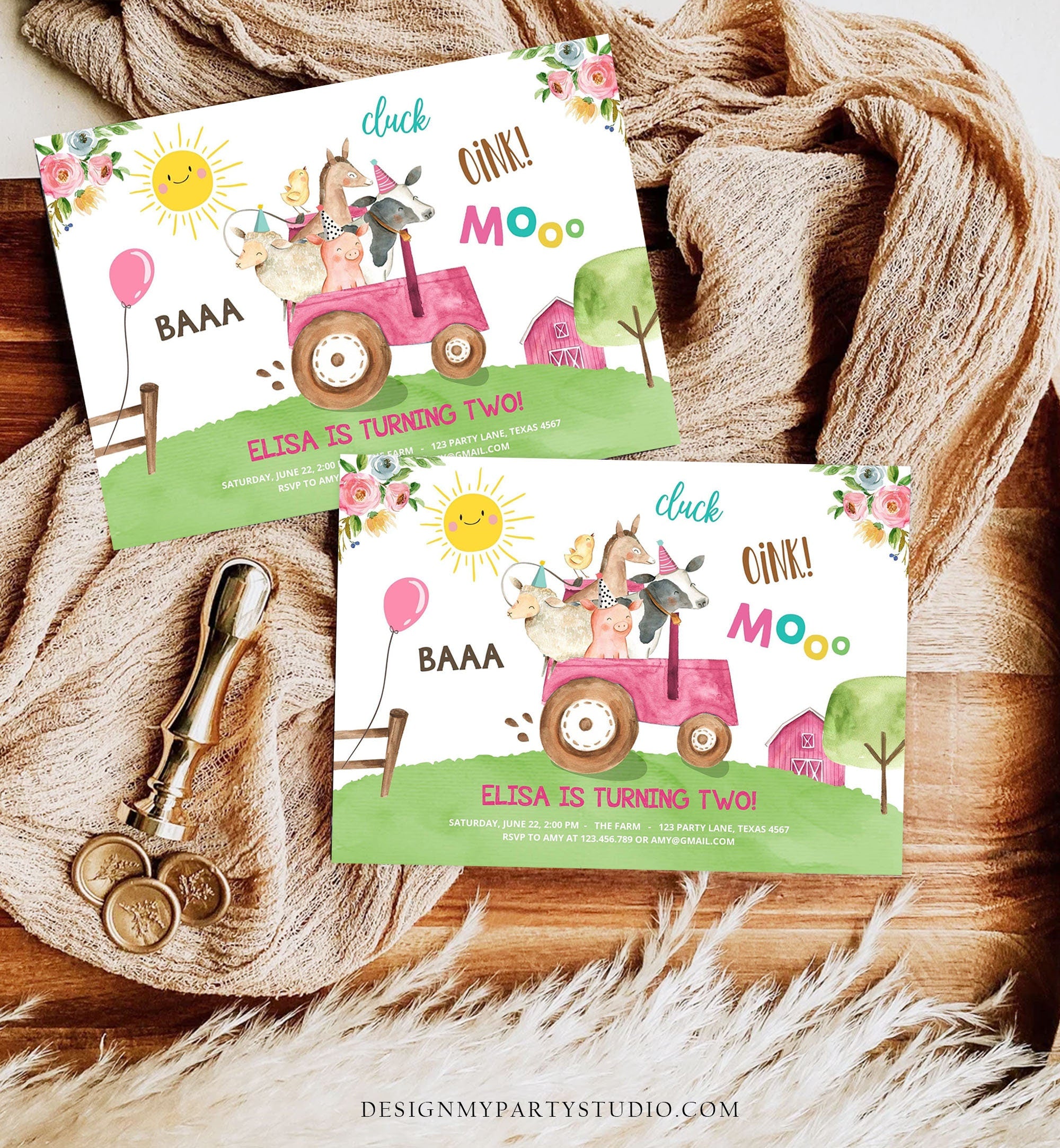 Editable Farm Birthday Invitation Girl Farm Animals Pink Tractor Barnyard Party Tractor Digital Download Corjl Template Printable 0155