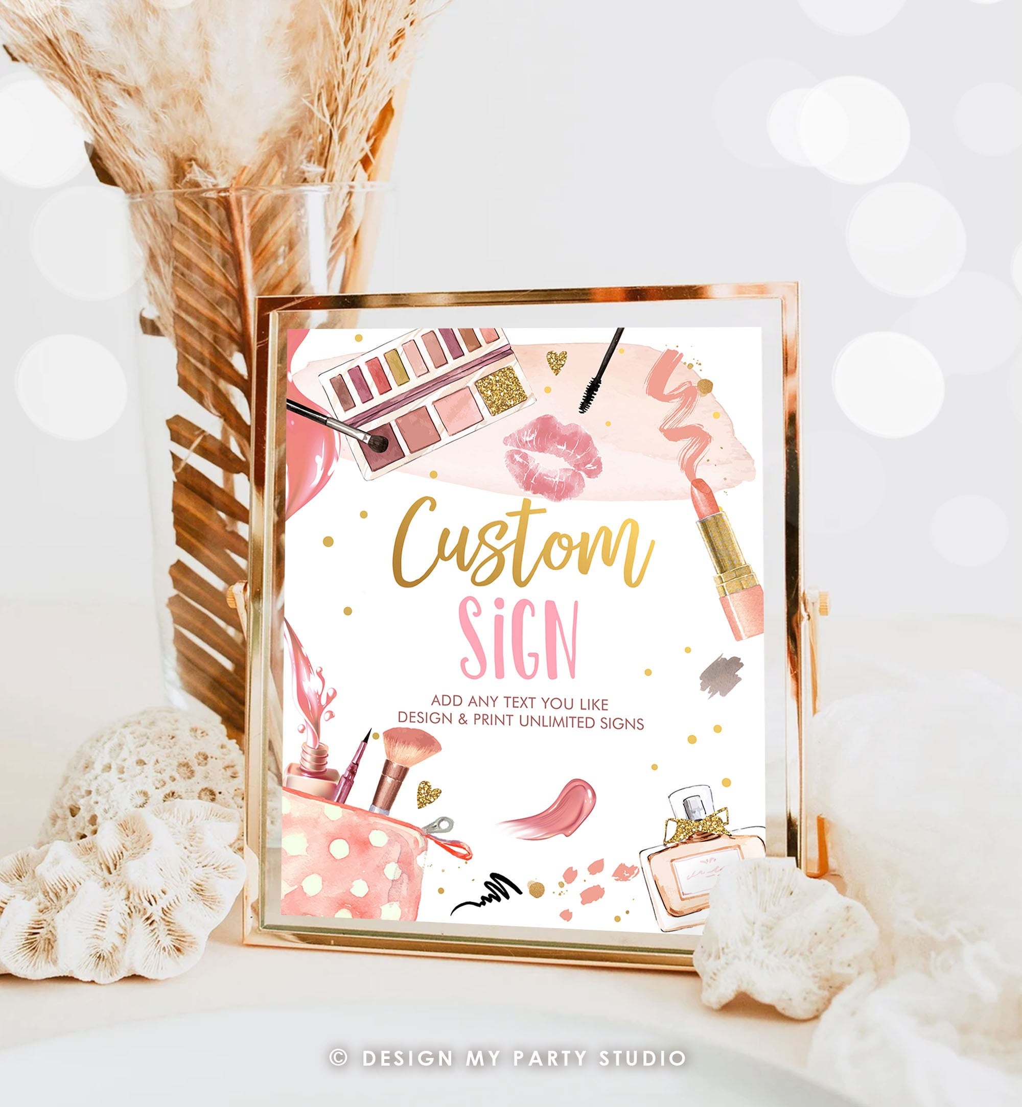 Editable Custom Sign Spa Party Sign Makeup Party Pink Gold Girl Teen Birthday Glitters and Glamour Table 8x10 Corjl Template Printable 0420