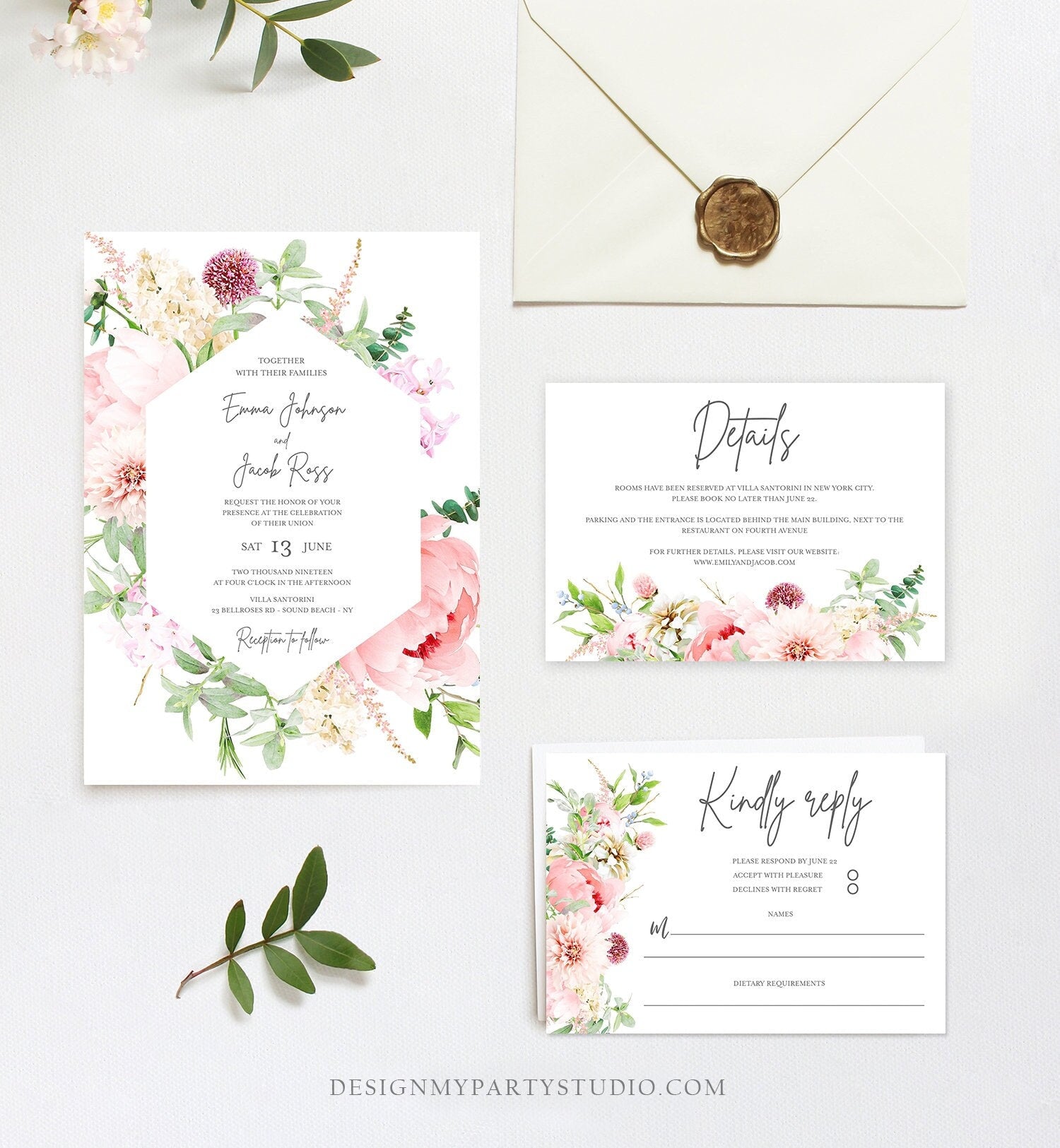 Editable Botanical Flowers Wedding Invitation Suite Set Watercolor Peony Pink Floral RSVP Details Boho Digital Corjl Template Printable 0167