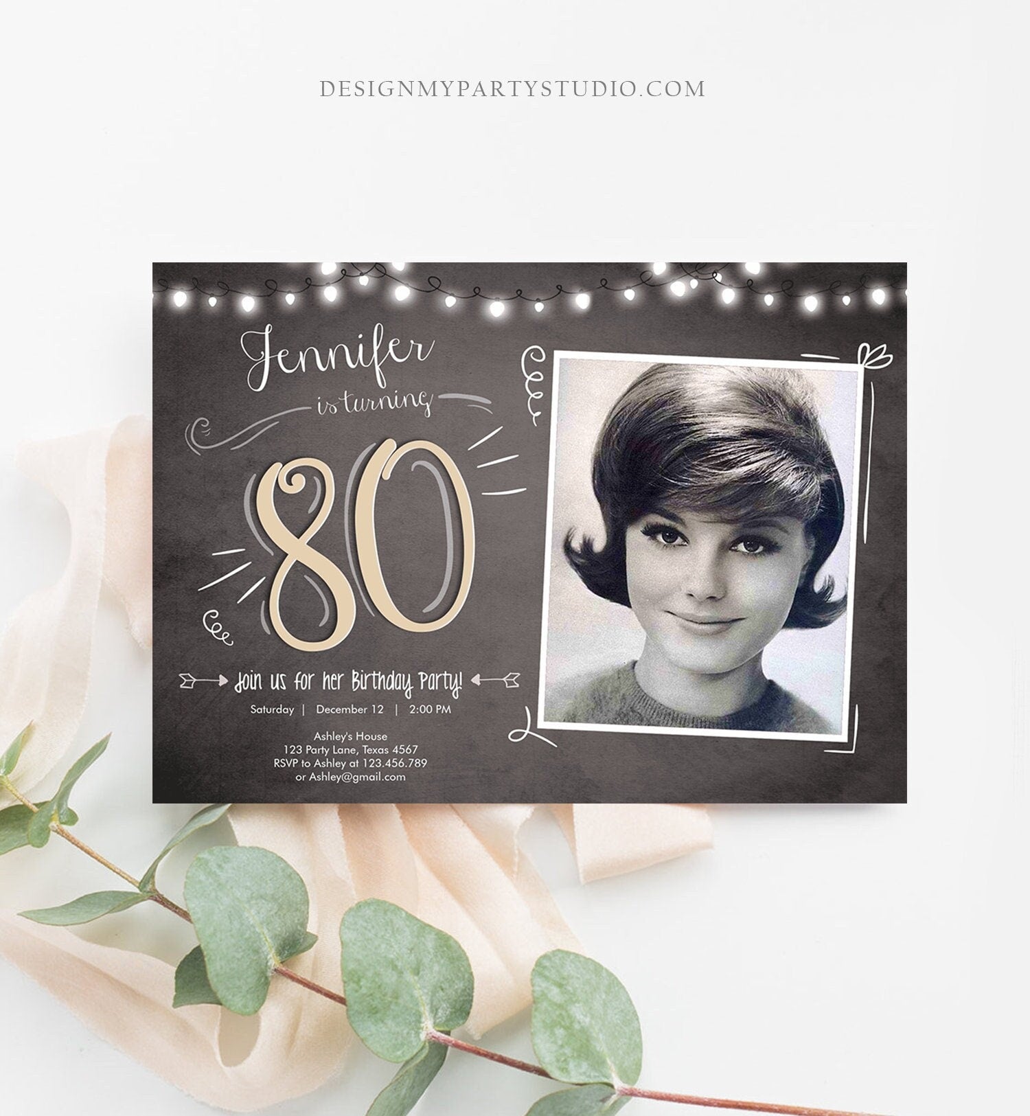 Editable 80th Birthday Invitation Chalkboard Rustic Adult Surprise Birthday Party Eighty Photo Download Corjl Template Printable 0230