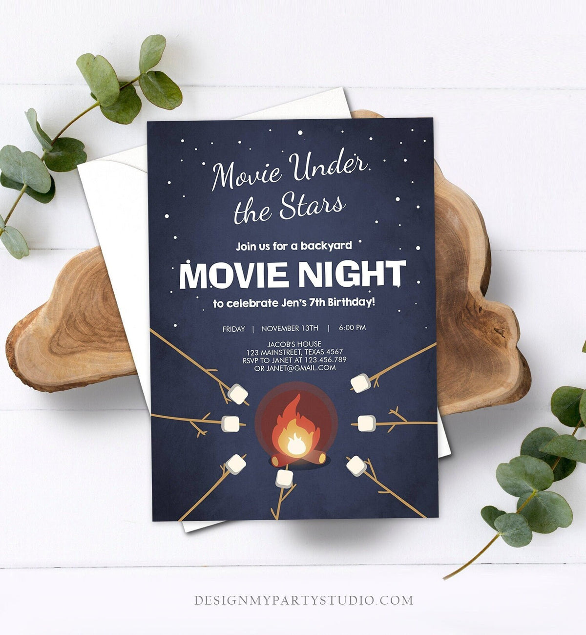 Editable Movie Night Birthday Invitation Under the Stars Bonfire Campfire Backyard Movie Party Download Corjl Template Printable 0268