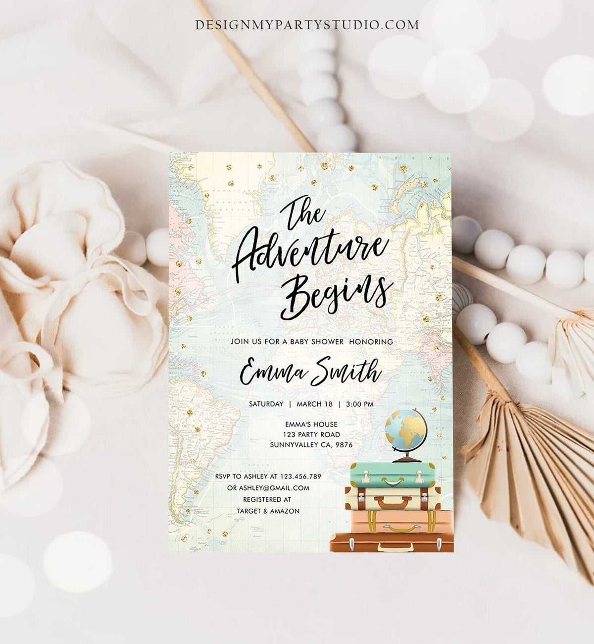 Editable The Adventure Begins Baby Shower Invitation Gold Confetti Suitcases Globe Travel Around World Corjl Template Printable 0263