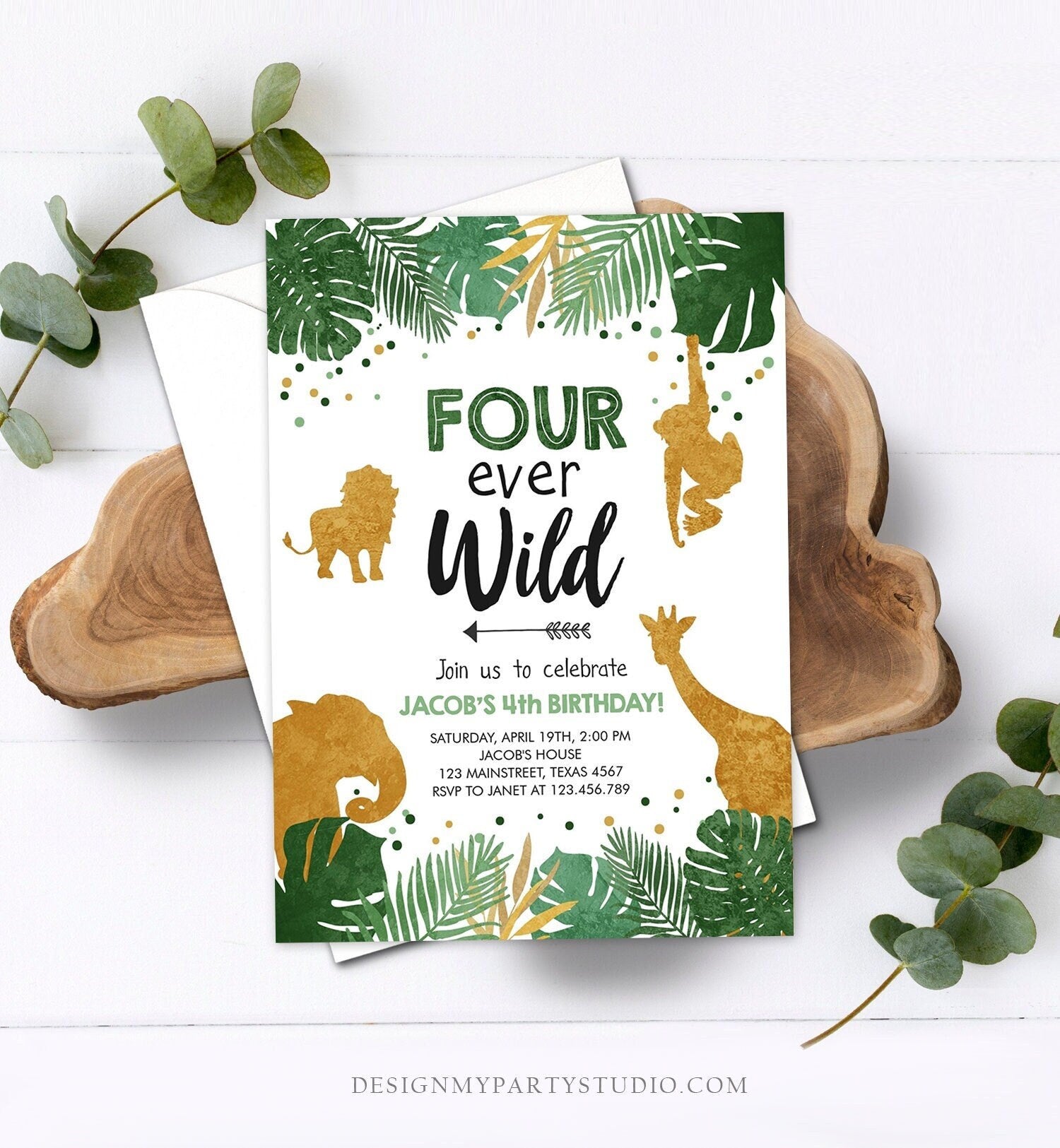 Editable Fourever Wild Birthday Invitation Safari Animals Zoo Jungle Party Gold Boy Fourth Birthday 4th Four Ever Wild Corjl Template 0016