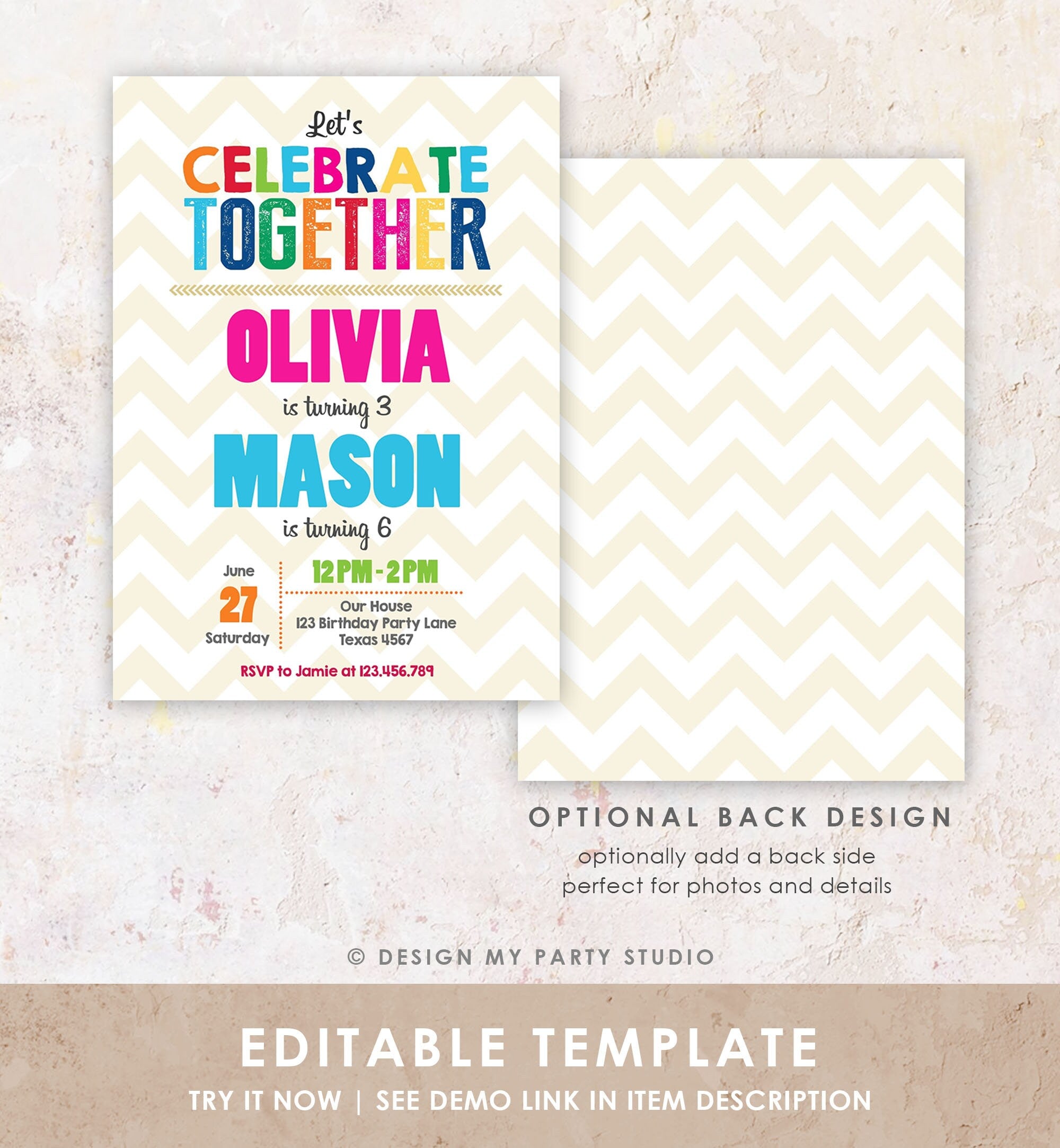 Editable Joint Twin Birthday Invitation Twins Party Boy Girl Birthday Siblings Party Rainbow Digital Download Corjl Template Printable 0087