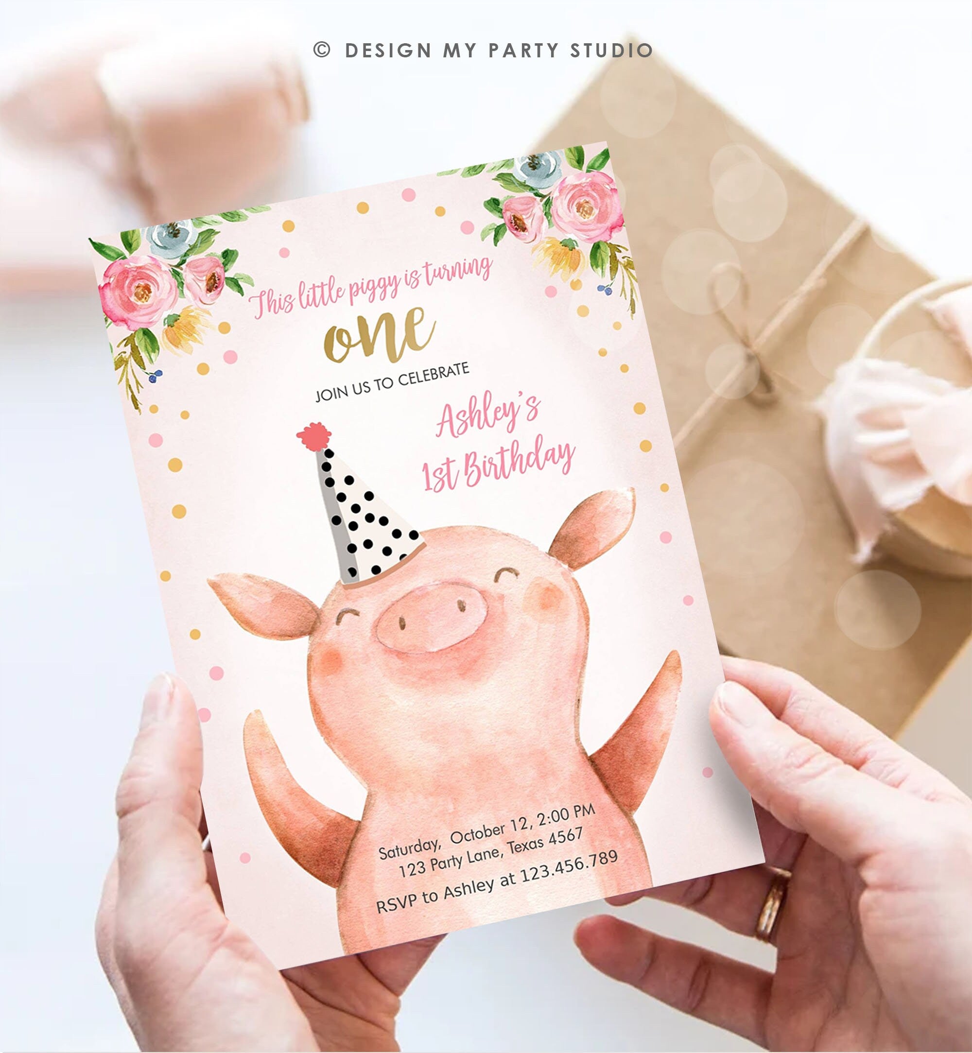 Editable Pig Birthday Invitation Girl Farm Animals Party Animals Pink Floral Barnyard Party Digital Download Corjl Template Printable 0188