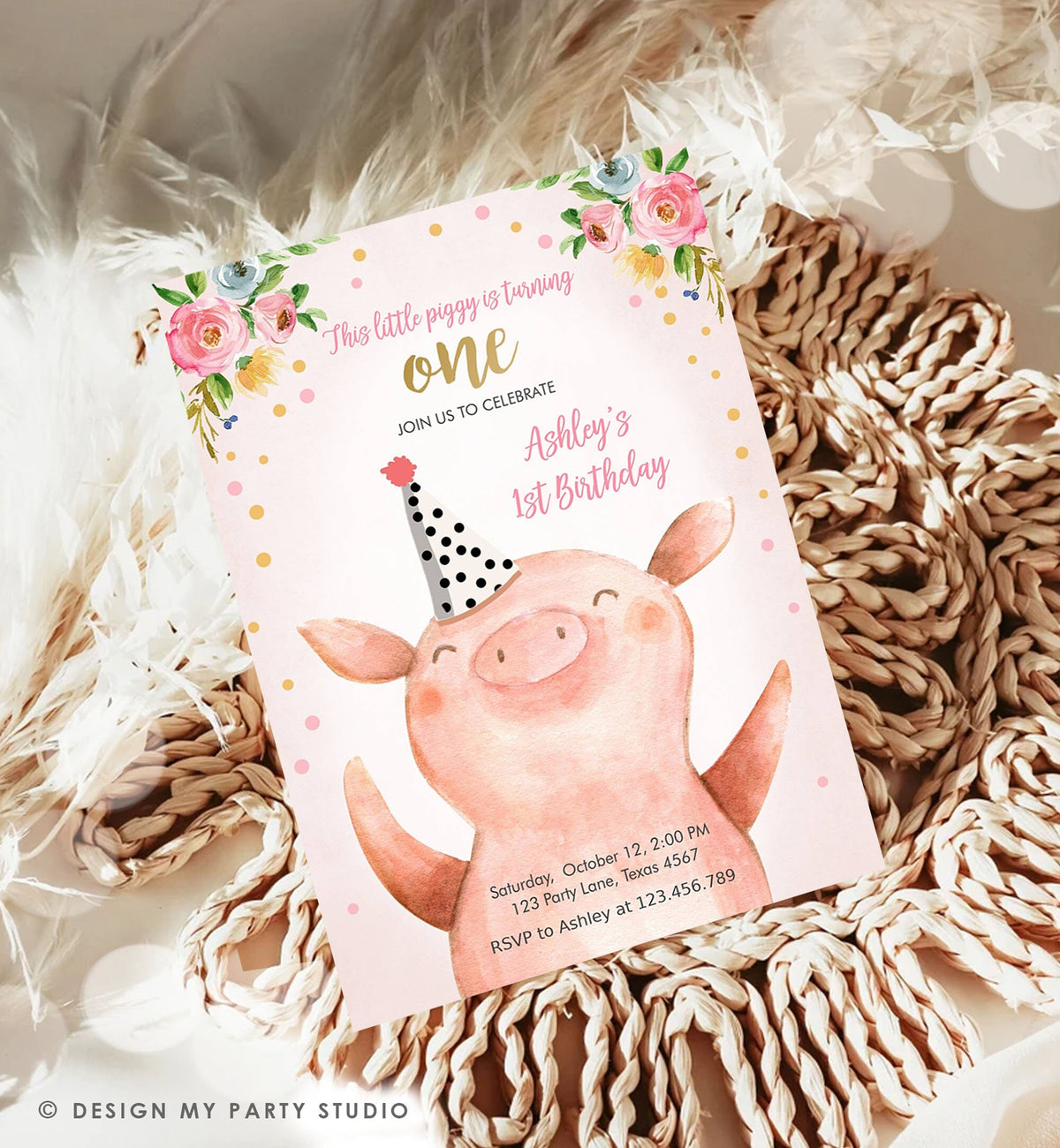 Editable Pig Birthday Invitation Girl Farm Animals Party Animals Pink Floral Barnyard Party Digital Download Corjl Template Printable 0188