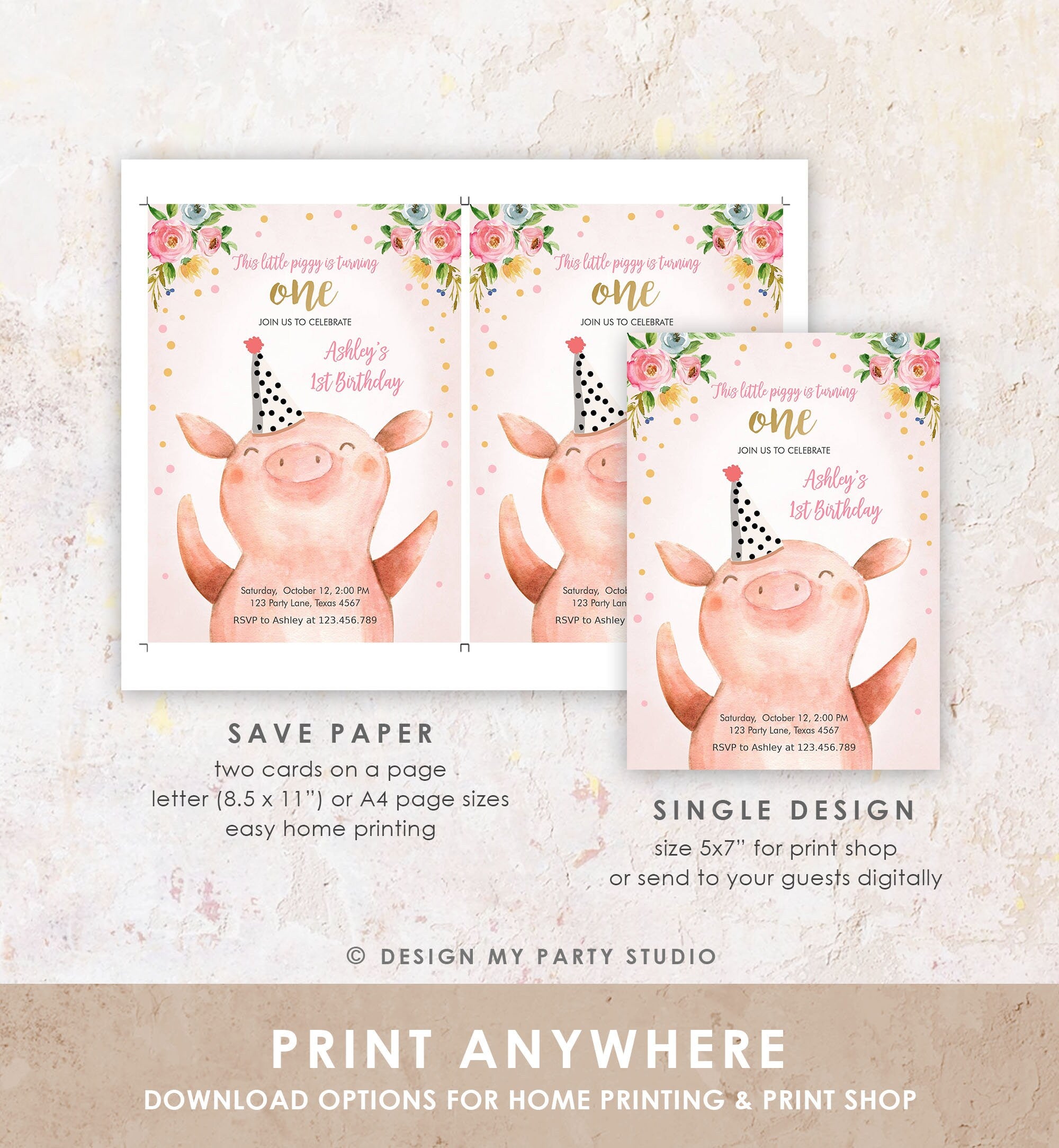 Editable Pig Birthday Invitation Girl Farm Animals Party Animals Pink Floral Barnyard Party Digital Download Corjl Template Printable 0188