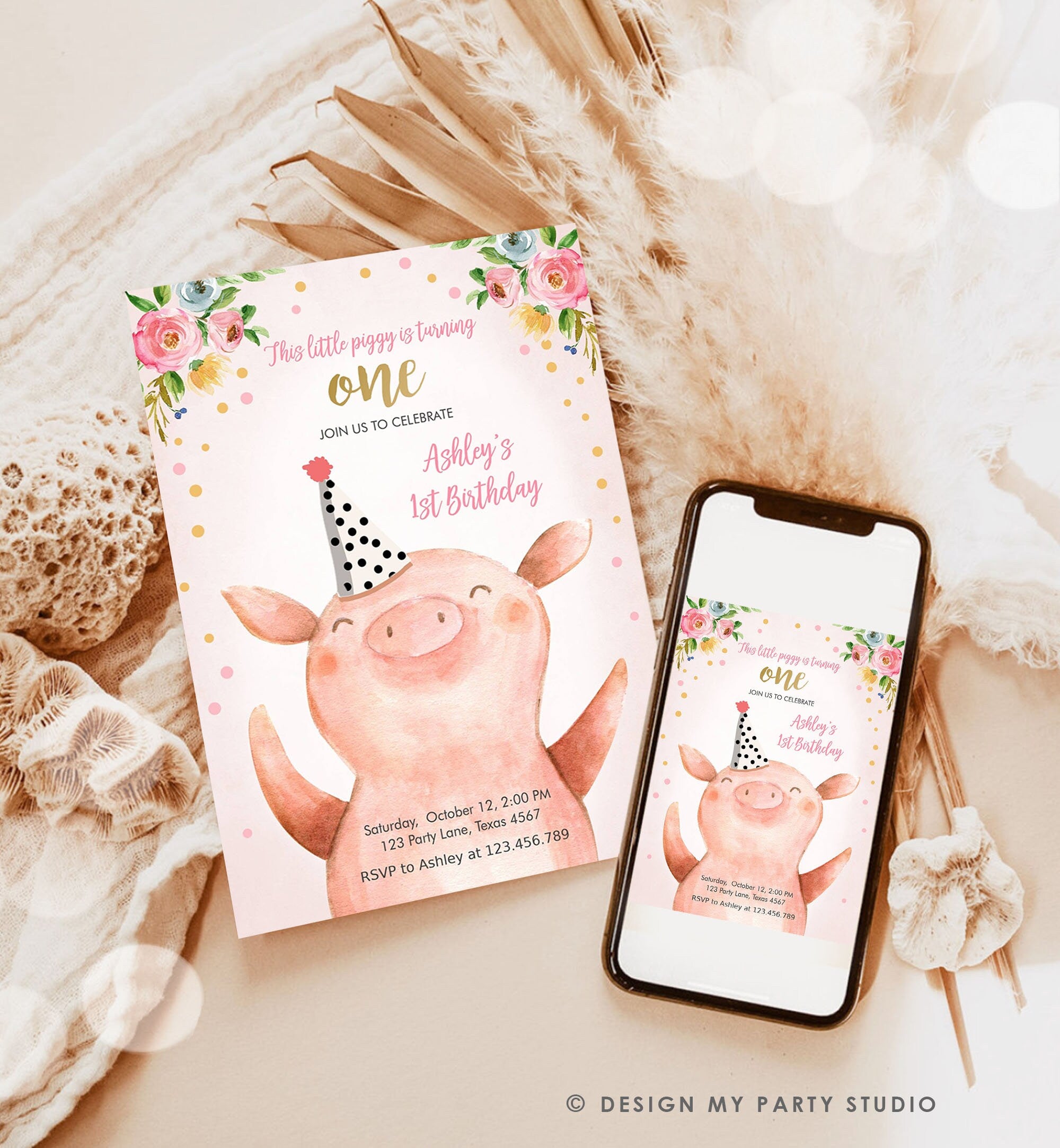 Editable Pig Birthday Invitation Girl Farm Animals Party Animals Pink Floral Barnyard Party Digital Download Corjl Template Printable 0188