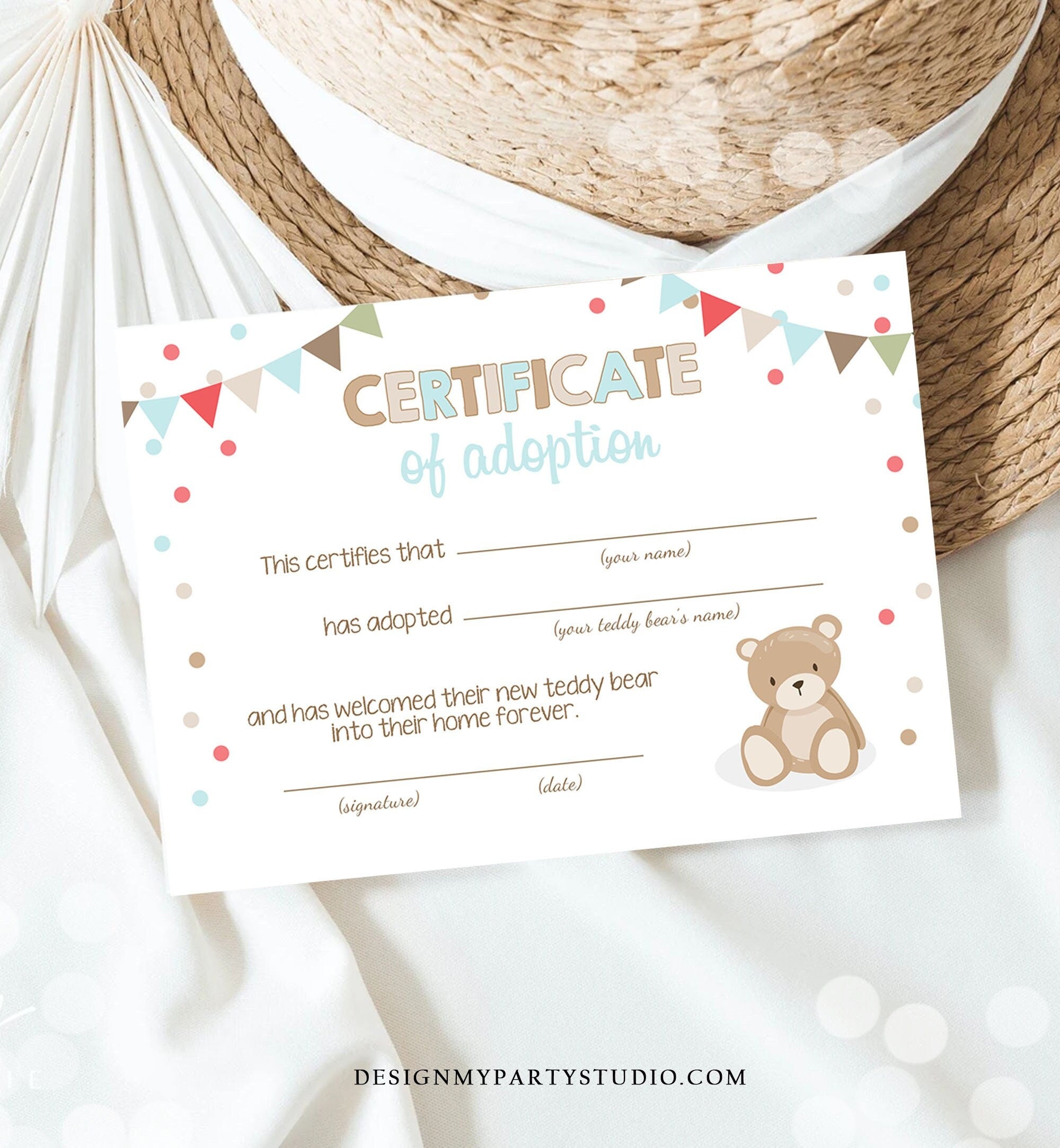 Teddy Bear Adoption Certificate Teddy Bear Birthday Teddy Bear Picnic Decor Boy Blue Adopt a Teddy Bear Download Digital Printable 0100