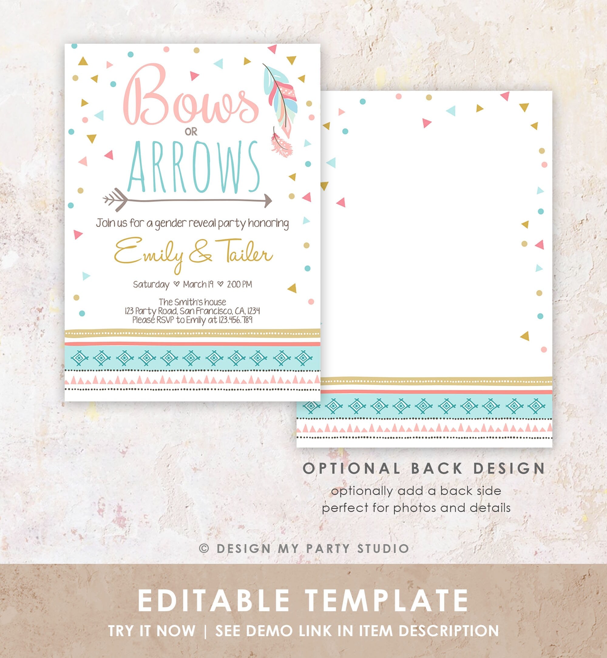 Editable Bows or Arrows Gender Reveal Invitation Tribal Boy or Girl He or She Blue Pink Digital Download Corjl Template Printable 0284