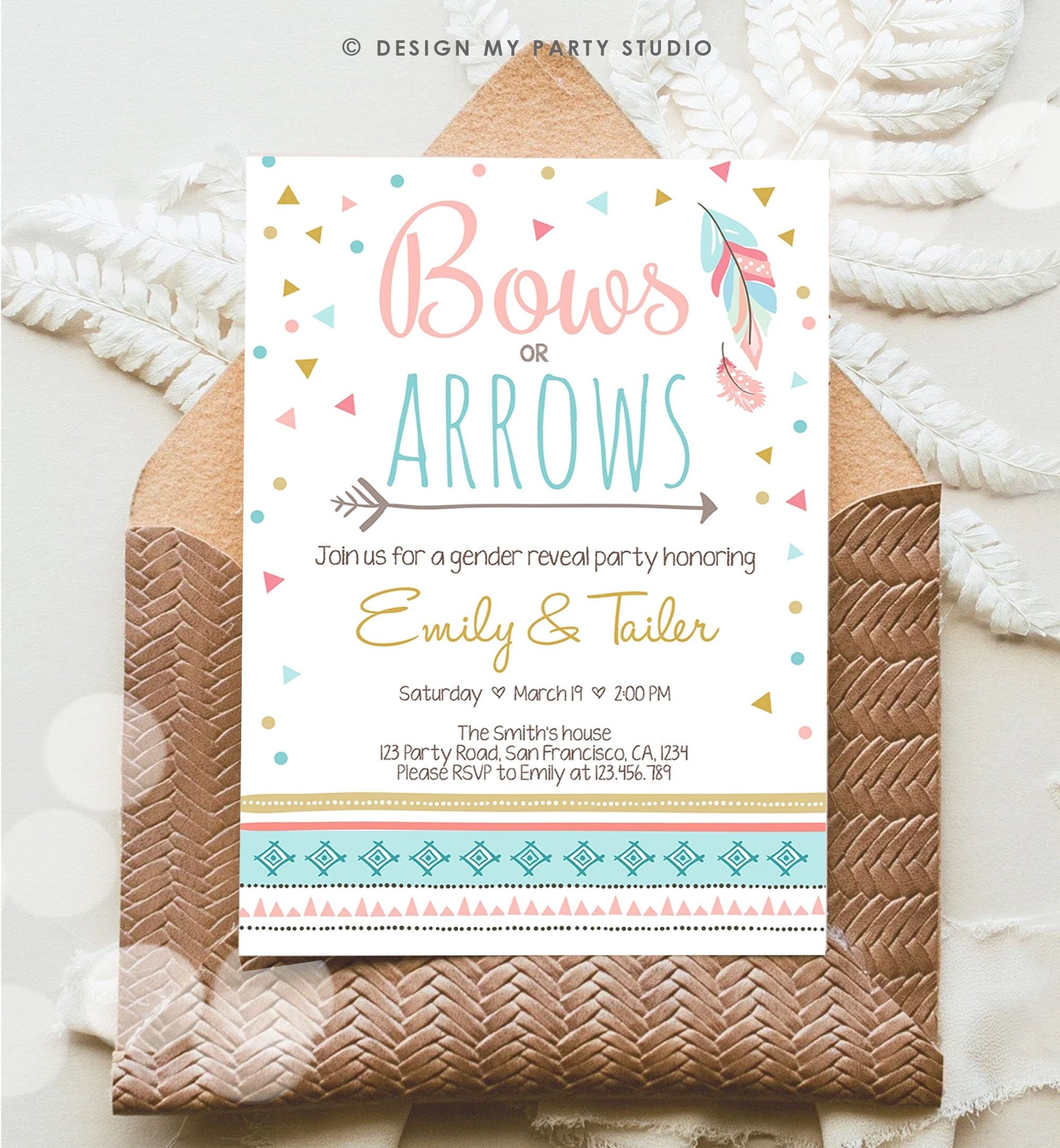 Editable Bows or Arrows Gender Reveal Invitation Tribal Boy or Girl He or She Blue Pink Digital Download Corjl Template Printable 0284