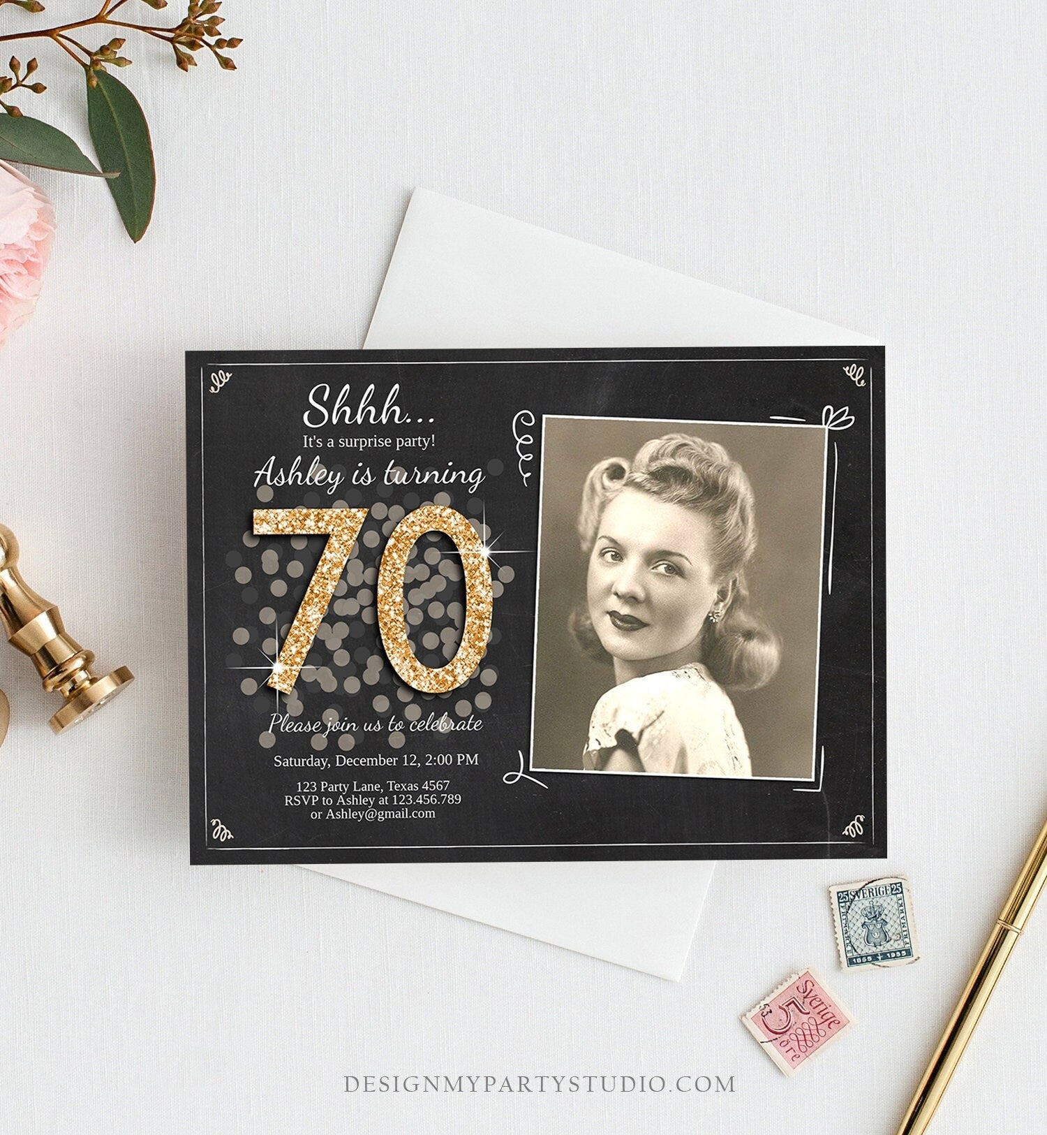 Editable ANY AGE Surprise Birthday Invitation Adult 70th Party Rustic Chalk Black Gold Glitter Photo Download Corjl Template Printable 0103