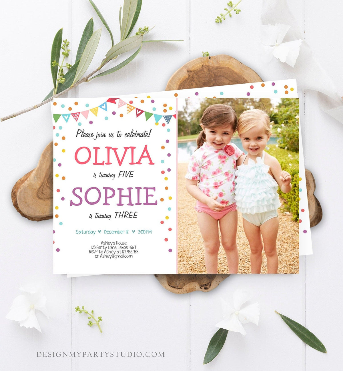 Editable Joint Birthday Invitation Twin Girls Confetti Twin Birthday Party Siblings Confetti Download Digital Corjl Template Printable 0292