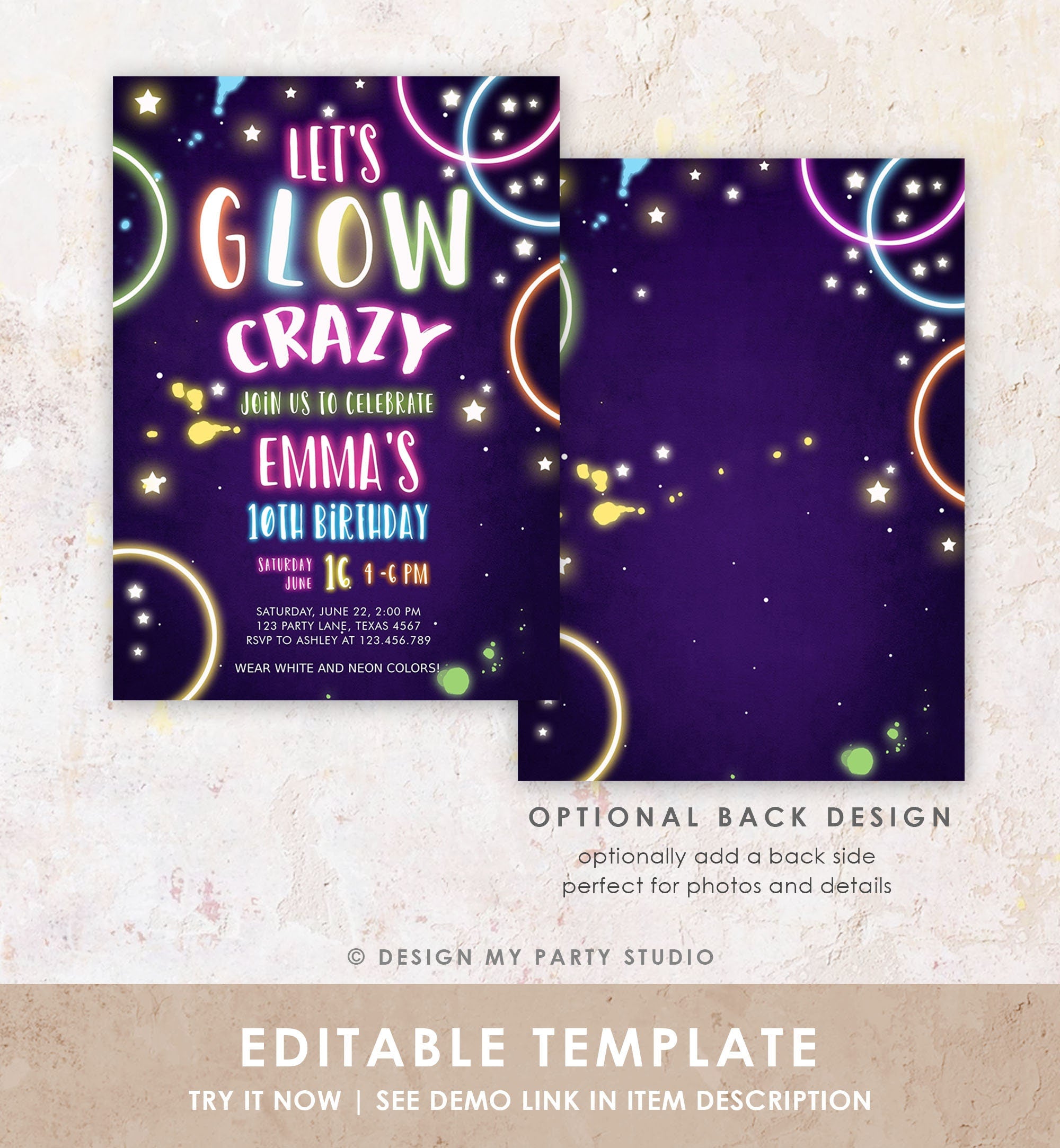 Editable Let's Glow Crazy Birthday Invitation Glow Party Neon Glow In The Dark Girl Teen Pink Digital Download Evite Template Printable 0172