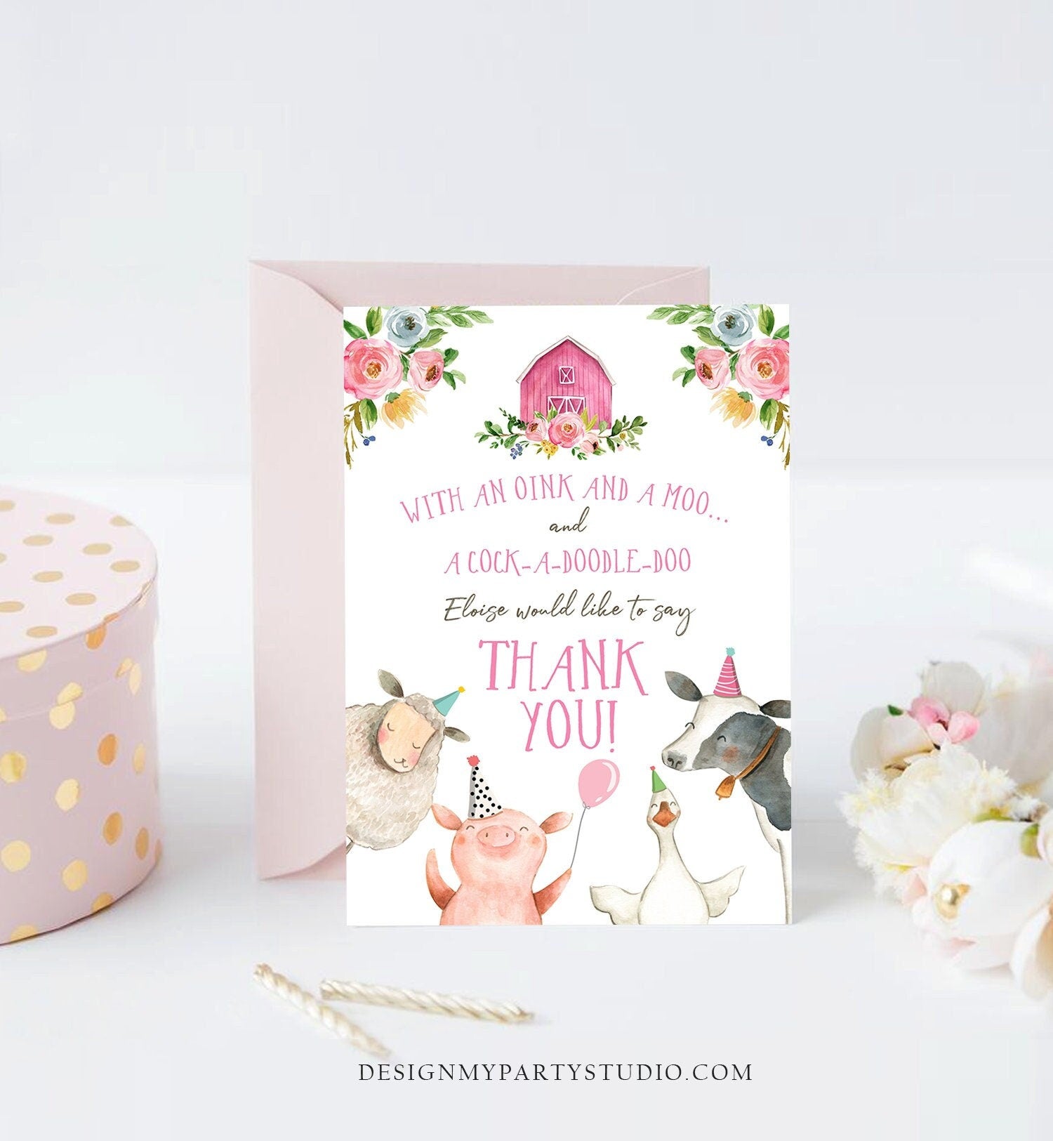 Editable Farm Animals Thank You Card Birthday Pink Gingham Party Animals Girl Barnyard Template Digital Download Printable 0155