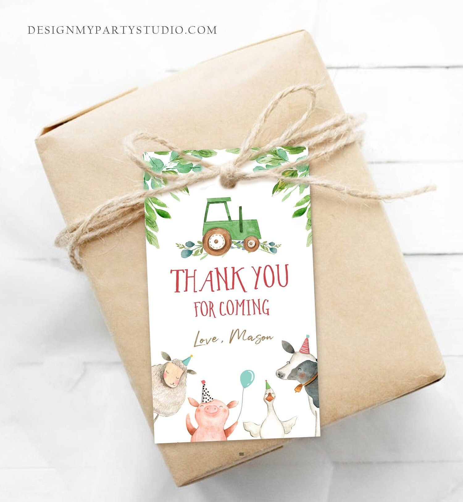 Editable Farm Favor Tags Tags Boy Farm Birthday Thank you tags Barnyard Gift Tags Green Tractor Birthday Template PRINTABLE Corjl 0155