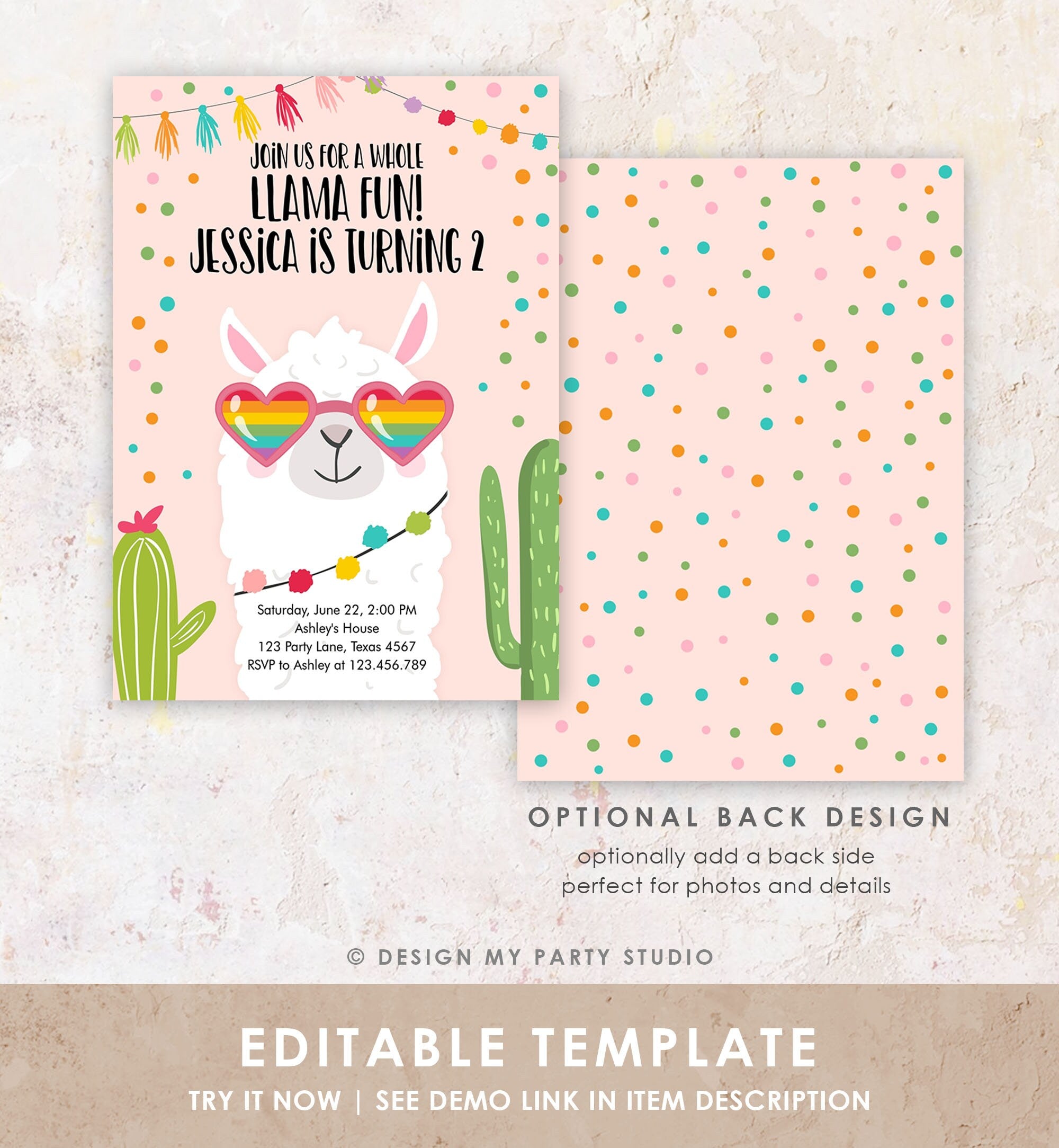 Editable Fiesta Birthday Invitation Llama Birthday Invite Fiesta Cactus Mexican First Fiesta Girl Alpaca Digital Download Printable 0079