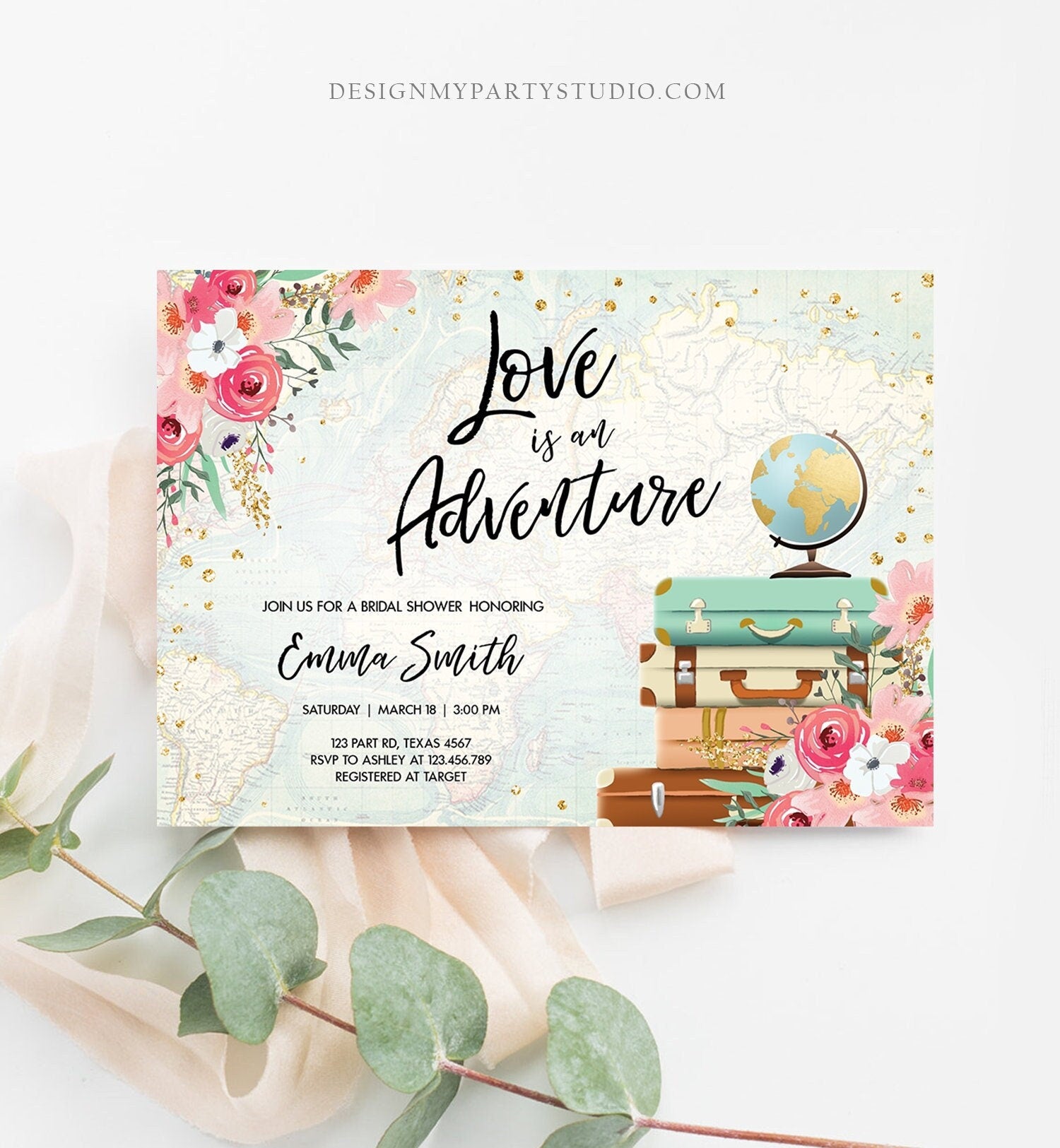 Editable Love is an Adventure Bridal Shower Invitation Traveling to Mrs Travel Gold Pink Floral Travel Download Digital Template 0030