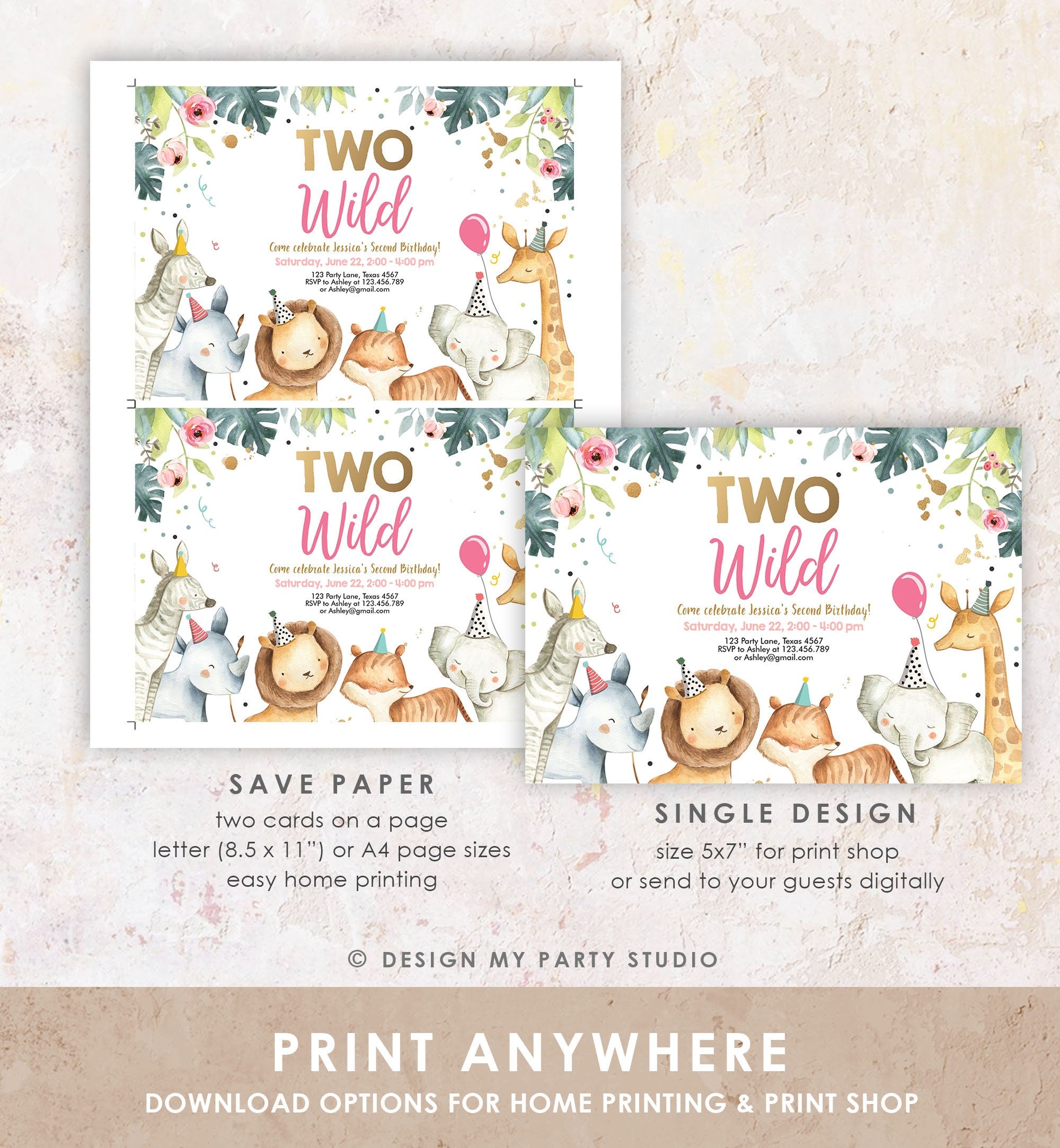 Editable Party Animals Birthday Invitation Girl Two Wild Animals Invite Pink Safari Zoo Digital Download Printable Template Evite 0163