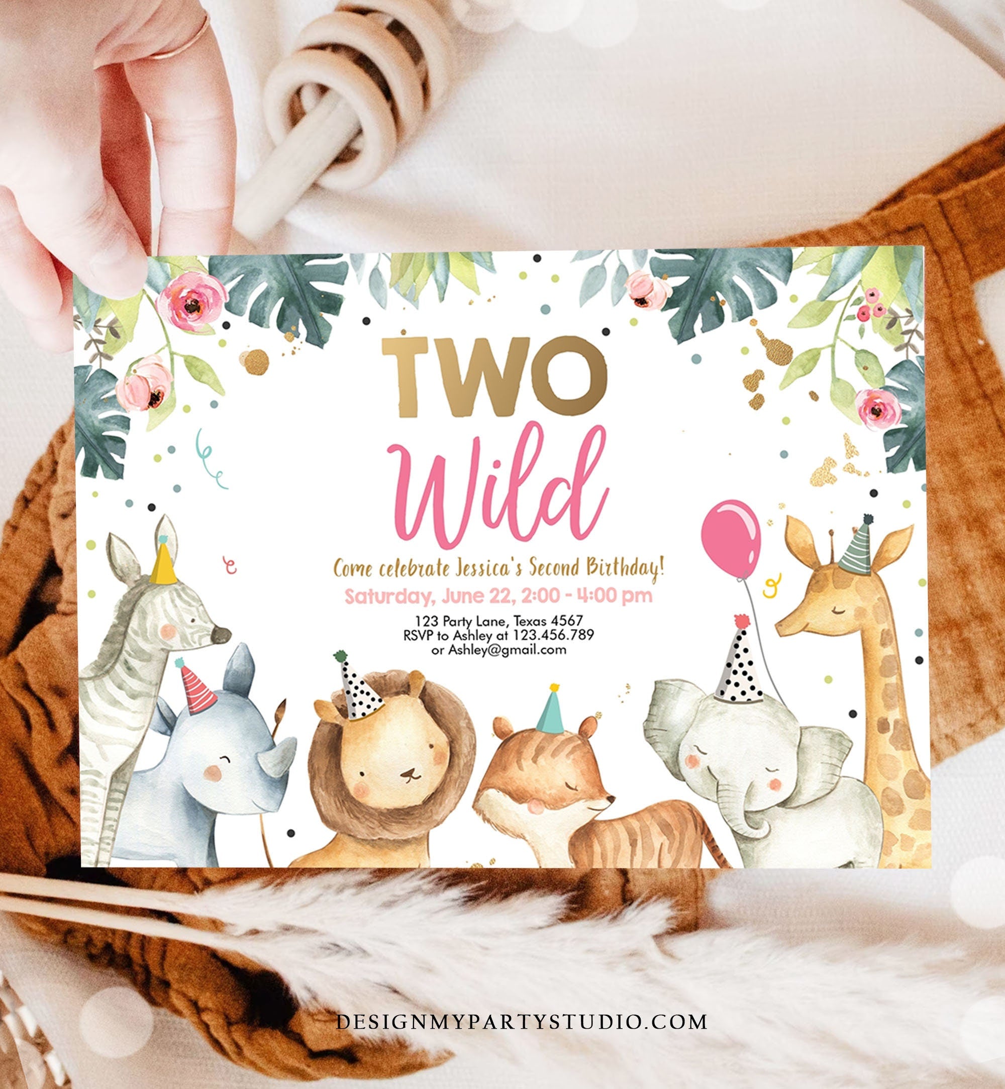 Editable Party Animals Birthday Invitation Girl Two Wild Animals Invite Pink Safari Zoo Digital Download Printable Template Evite 0163