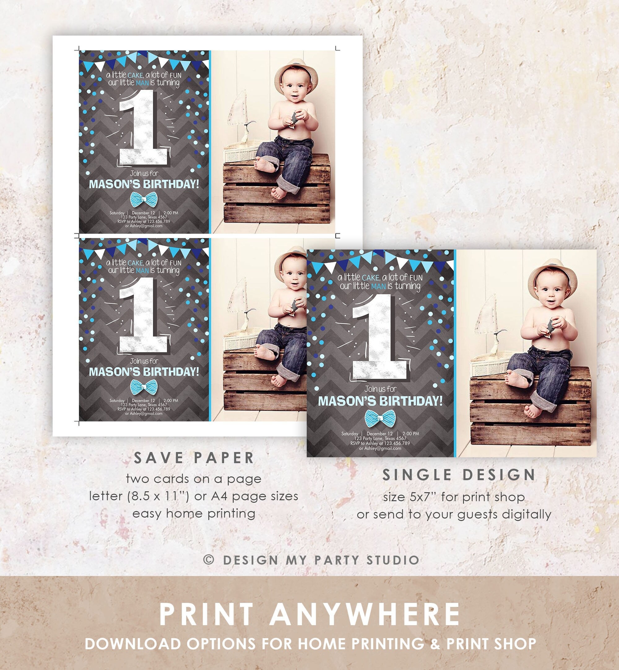 Editable First Birthday Invitation Boy One Navy Blue Chalk Confetti Boy 1st Birthday Download Printable Invitation Template Digital 0071