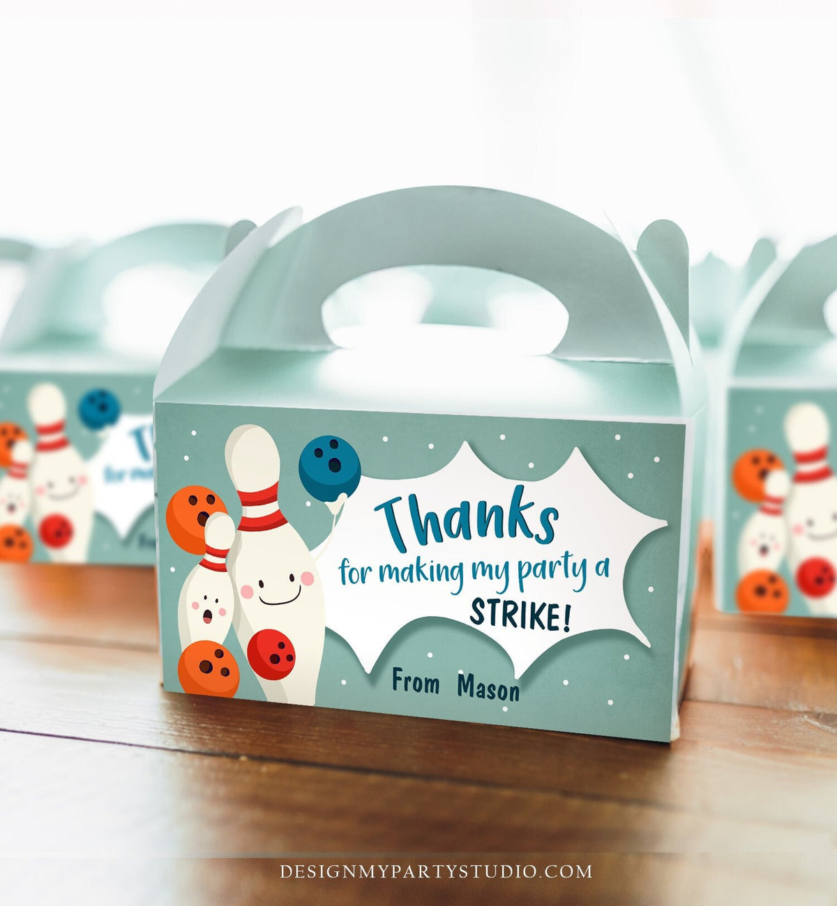 Editable Bowling Gable Box Favor Label Bowling Birthday Party Favor Box Label Boy Thank you Strike Digital Download Printable Instant 0324