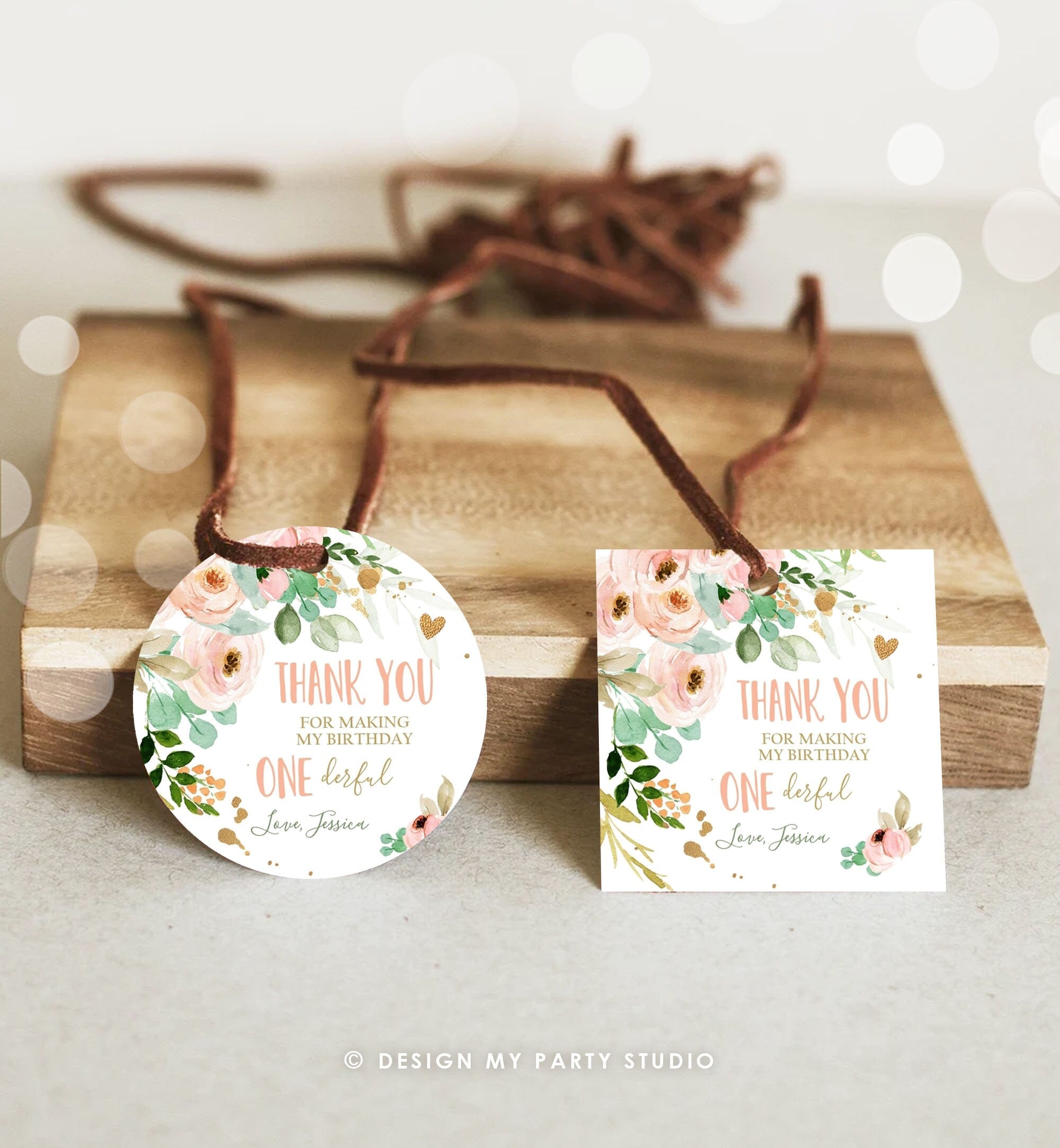 Editable Floral Favor tags Little Miss Onederful Birthday Thank you tag Girl Pink and Gold Peonies Flowers tags PRINTABLE Sticker 0147