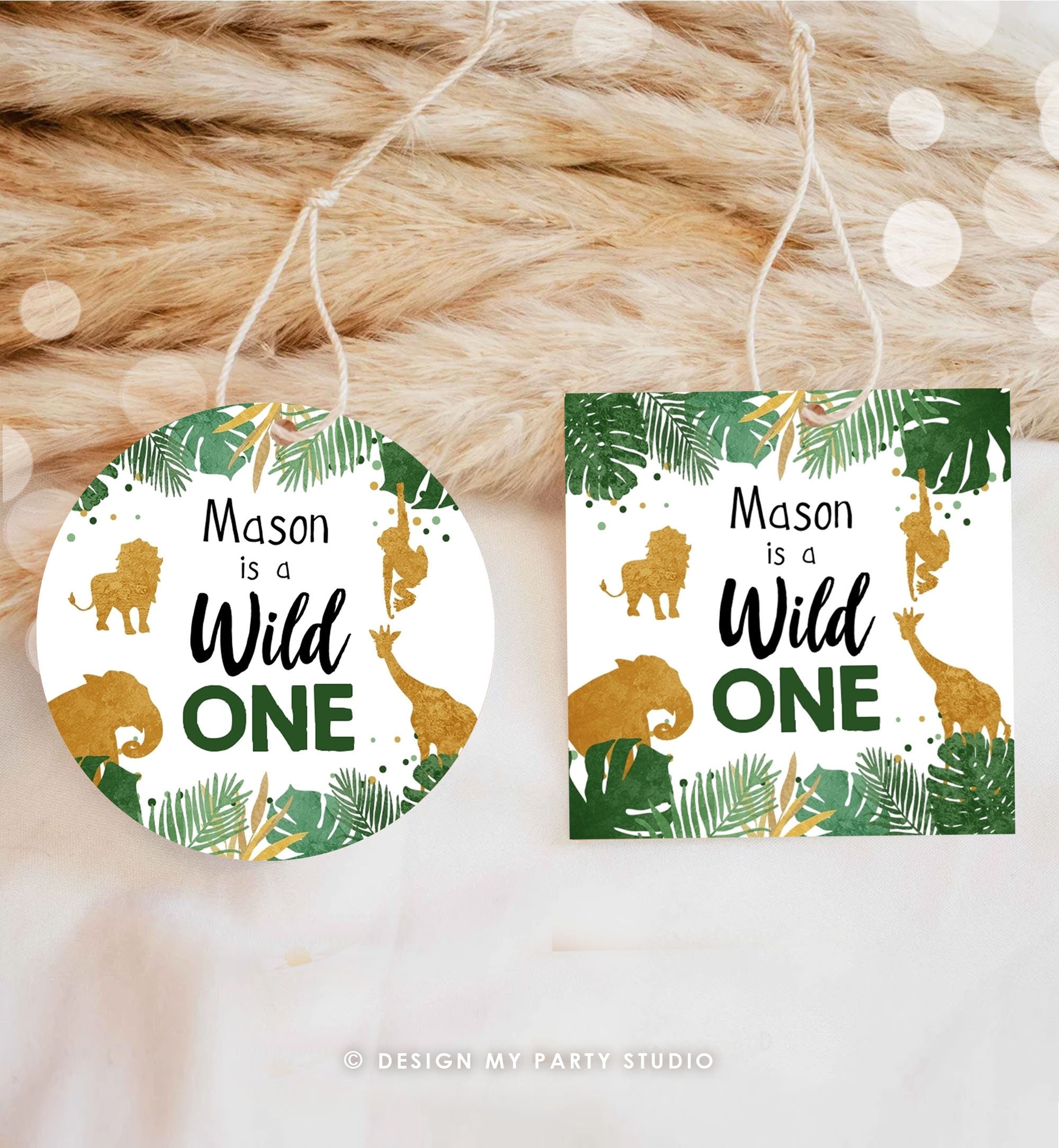 Editable Safari Animals Birthday Tag Wild One Tags Thank You Tag Jungle Zoo Party Animals Favor Tag Black Gold Safari Sticker Template 0016