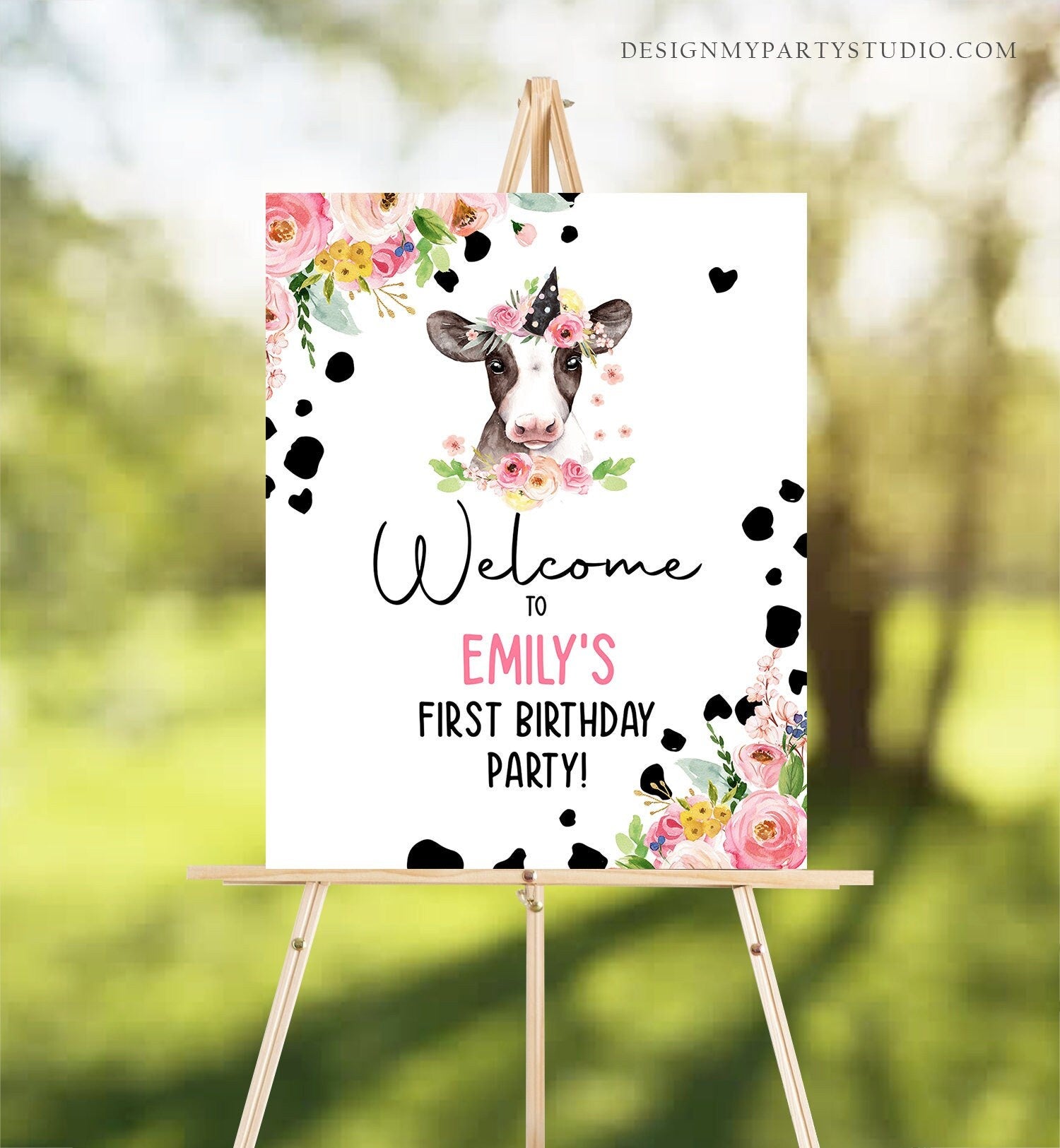 Editable Cow Birthday Welcome Sign Barnyard Birthday Welcome Sign Pink Farm Animals Birthday Welcome Girl Template Corjl PRINTABLE 0434