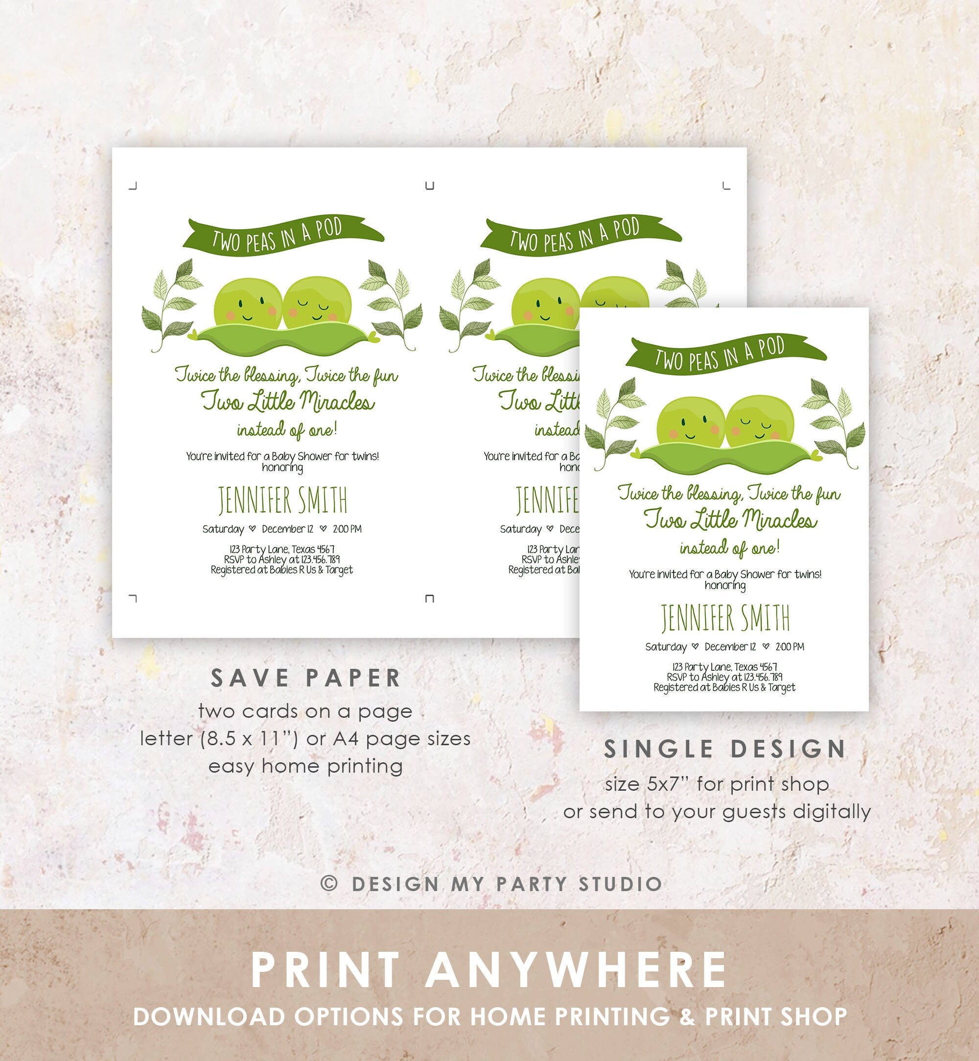 Editable Twin Baby Shower Invitation Two Peas In a Pod Baby Shower Green Neutral Invitation Sweet Pea Template Download Digital Evite 0020