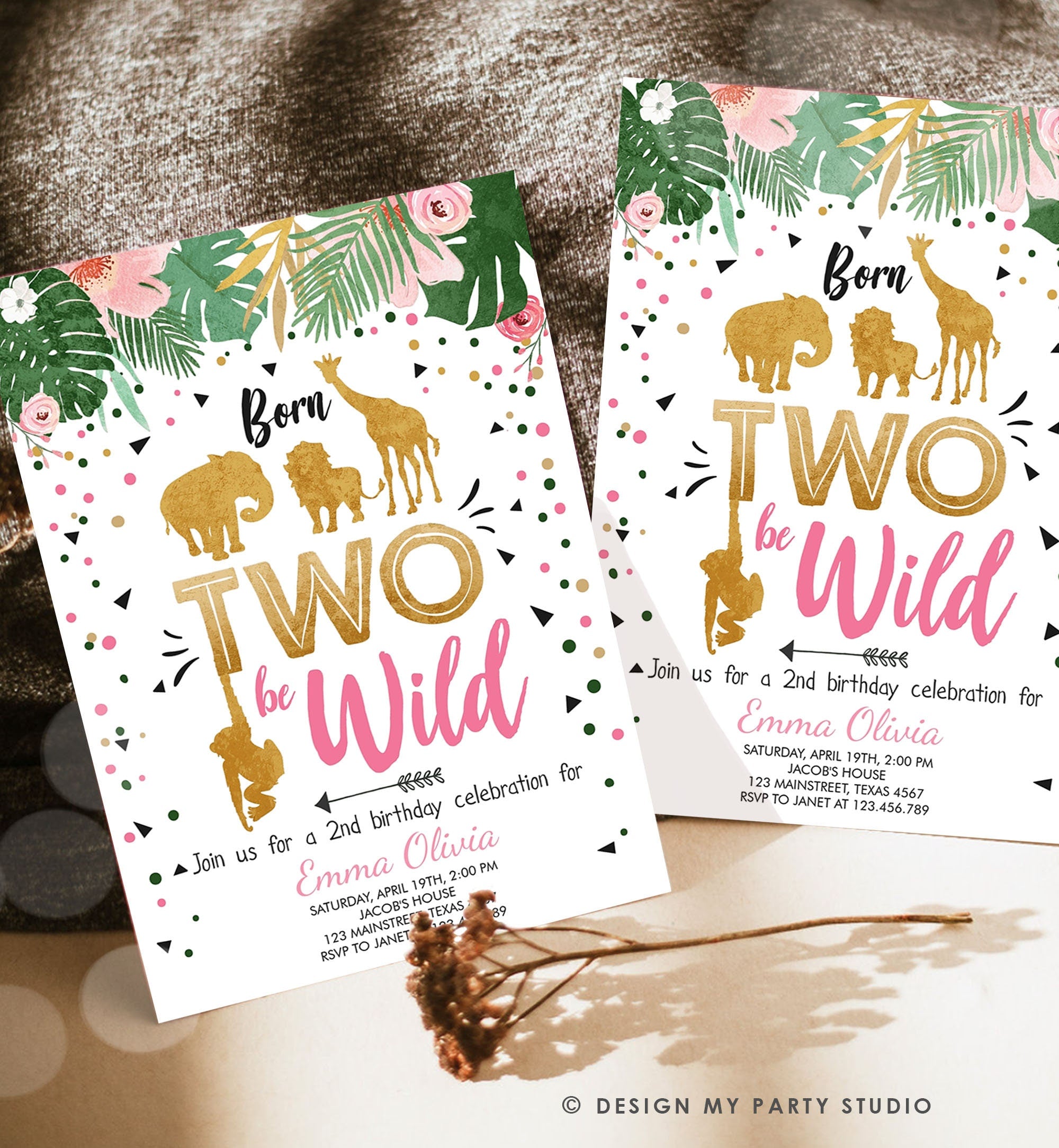 Editable Born Two Be Wild Birthday Invitation Girl Animals Jungle Safari Pink Gold 2nd Birthday Download Printable Template Digital 0016