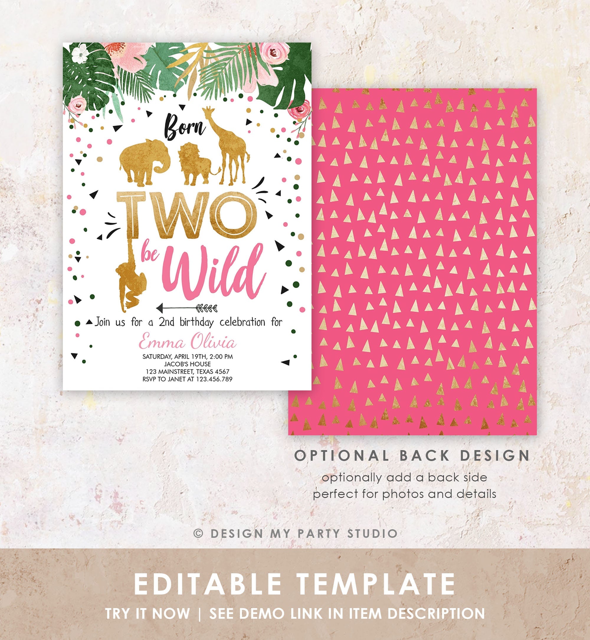 Editable Born Two Be Wild Birthday Invitation Girl Animals Jungle Safari Pink Gold 2nd Birthday Download Printable Template Digital 0016